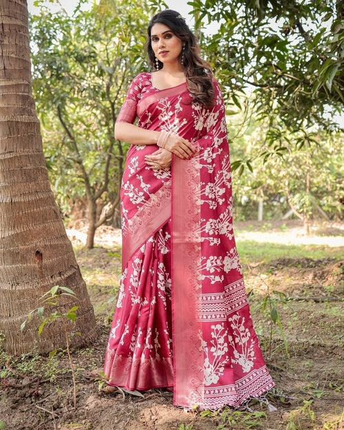 Maroon Tussar Silk Saree with White Floral Motifs, Intricate Zari