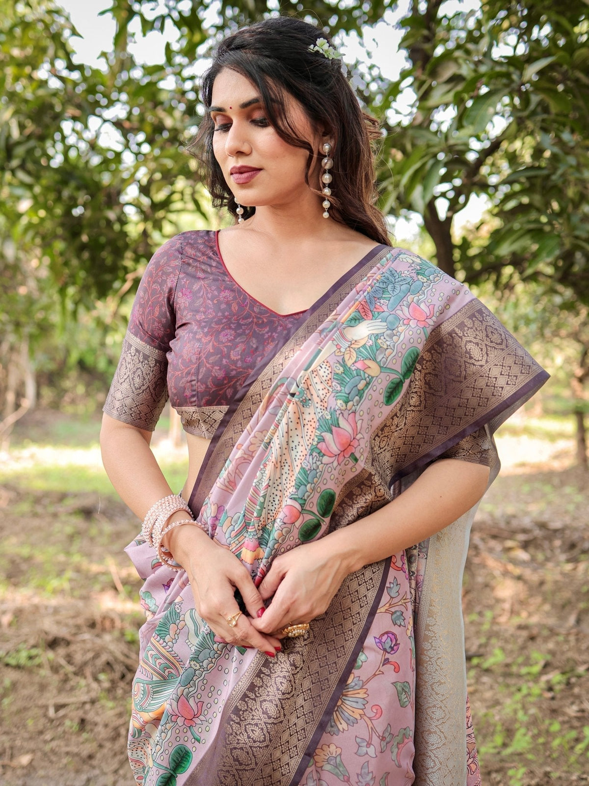 Lilac and Purple Digital Print Tussar Silk Saree with Zari Diamond