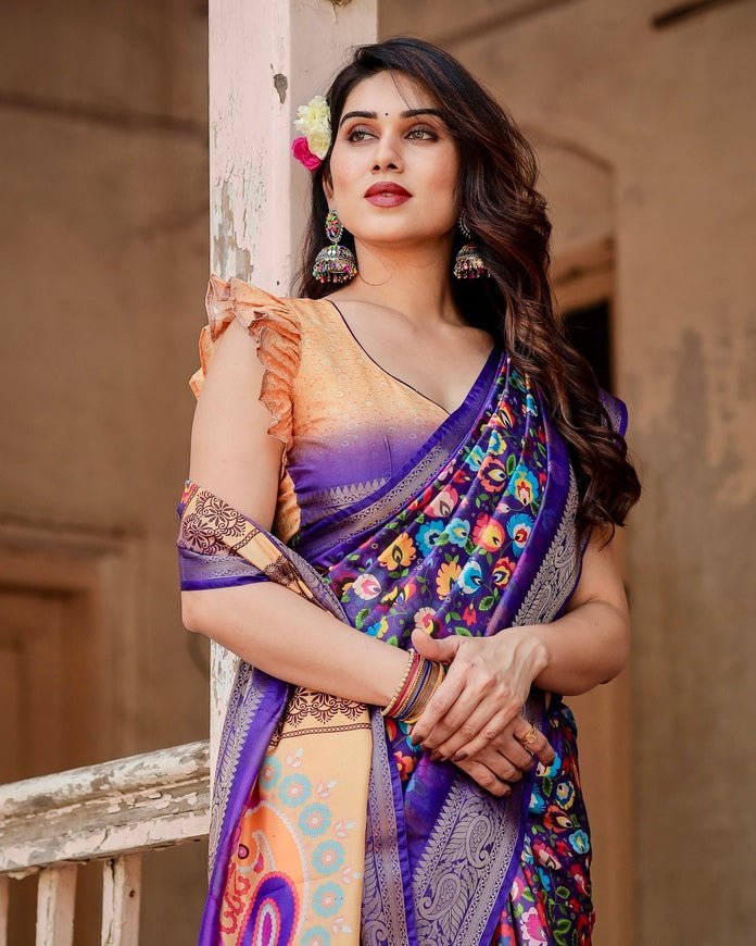 Royal Purple Tussar Silk Saree with Vibrant Floral Print and Peacock