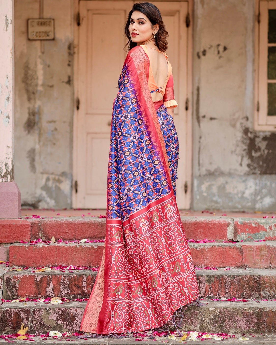 Royal Blue and Red Tussar Silk Saree with Geometric Patterns and