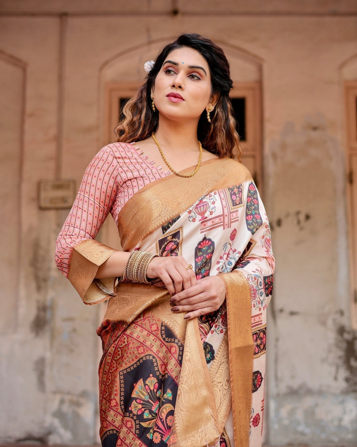 Ivory Tussar Silk Saree with Artistic Floral Motifs and Gleaming