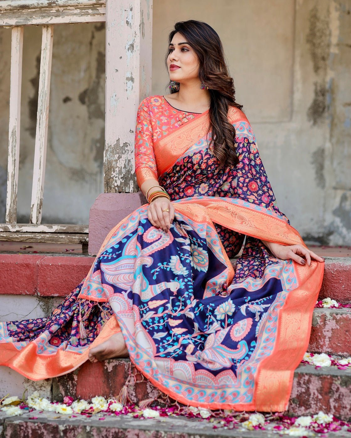Navy Blue and Peach Tussar Silk Saree with Peacock Motifs and Floral