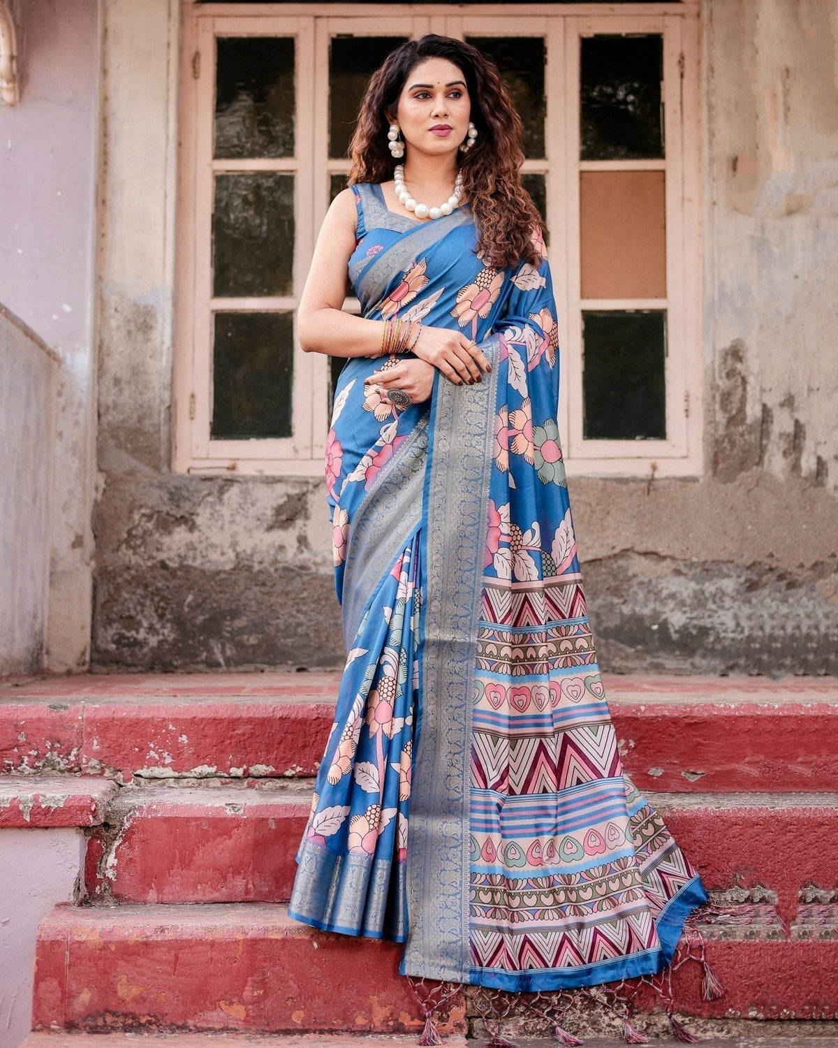 Sky Blue Tussar Silk Saree with Bold Floral Motifs and Chevron Pallu
