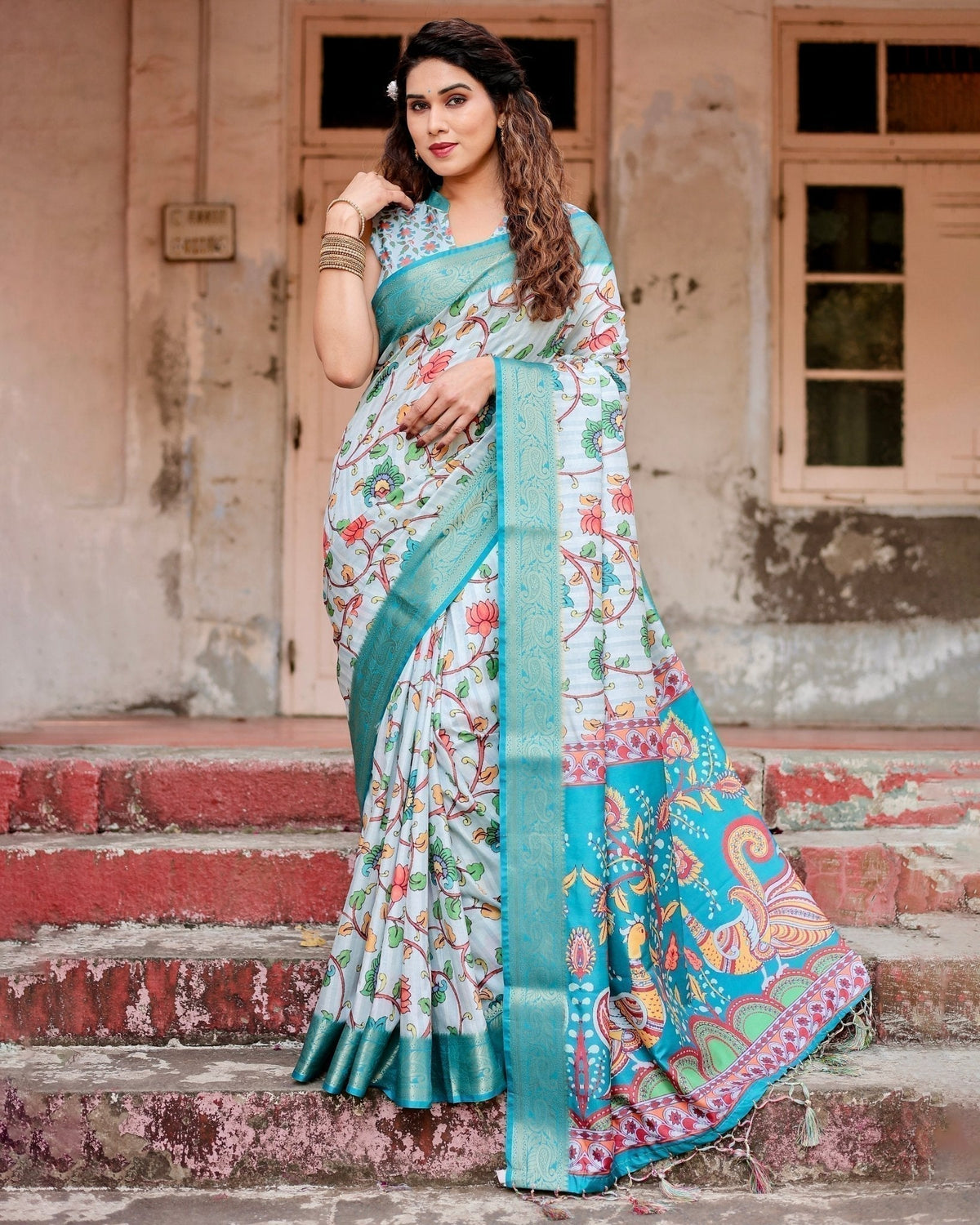 Sky Blue Tussar Silk Saree with Multicolor Floral Design and Zari