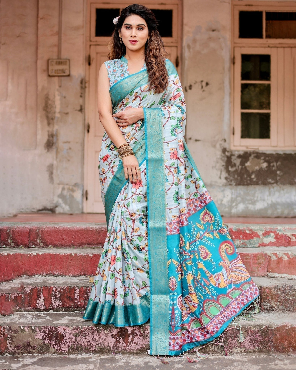 Sky Blue Tussar Silk Saree with Multicolor Floral Design and Zari