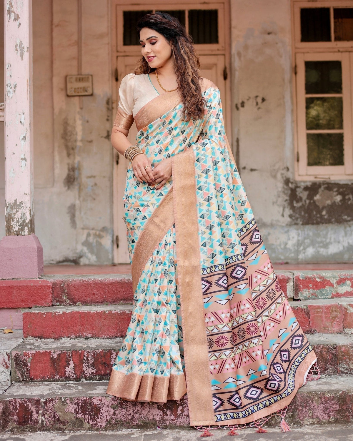 Contemporary Beige Tussar Silk Saree with Geometric Triangle Print and