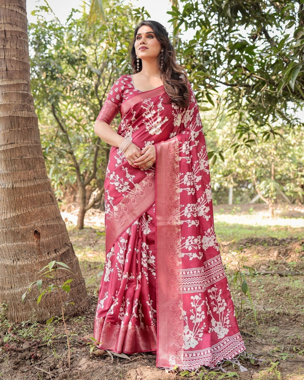 Maroon Tussar Silk Saree with White Floral Motifs, Intricate Zari