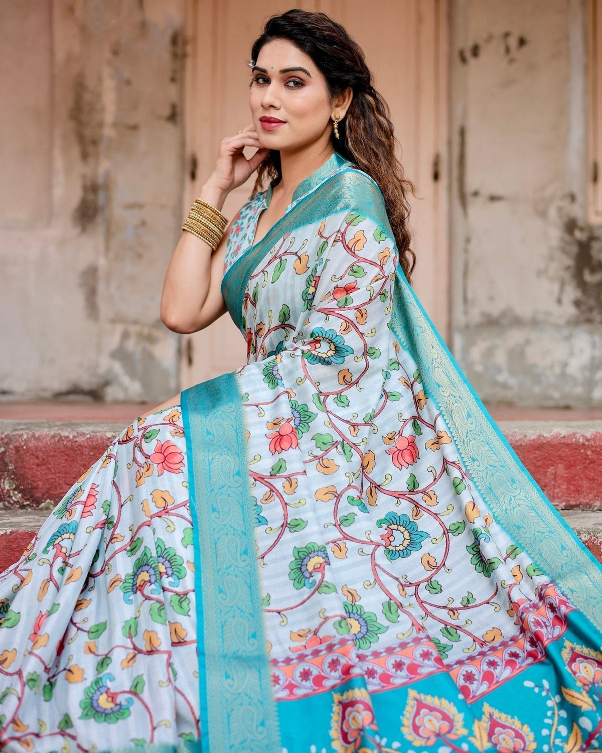 Sky Blue Tussar Silk Saree with Multicolor Floral Design and Zari