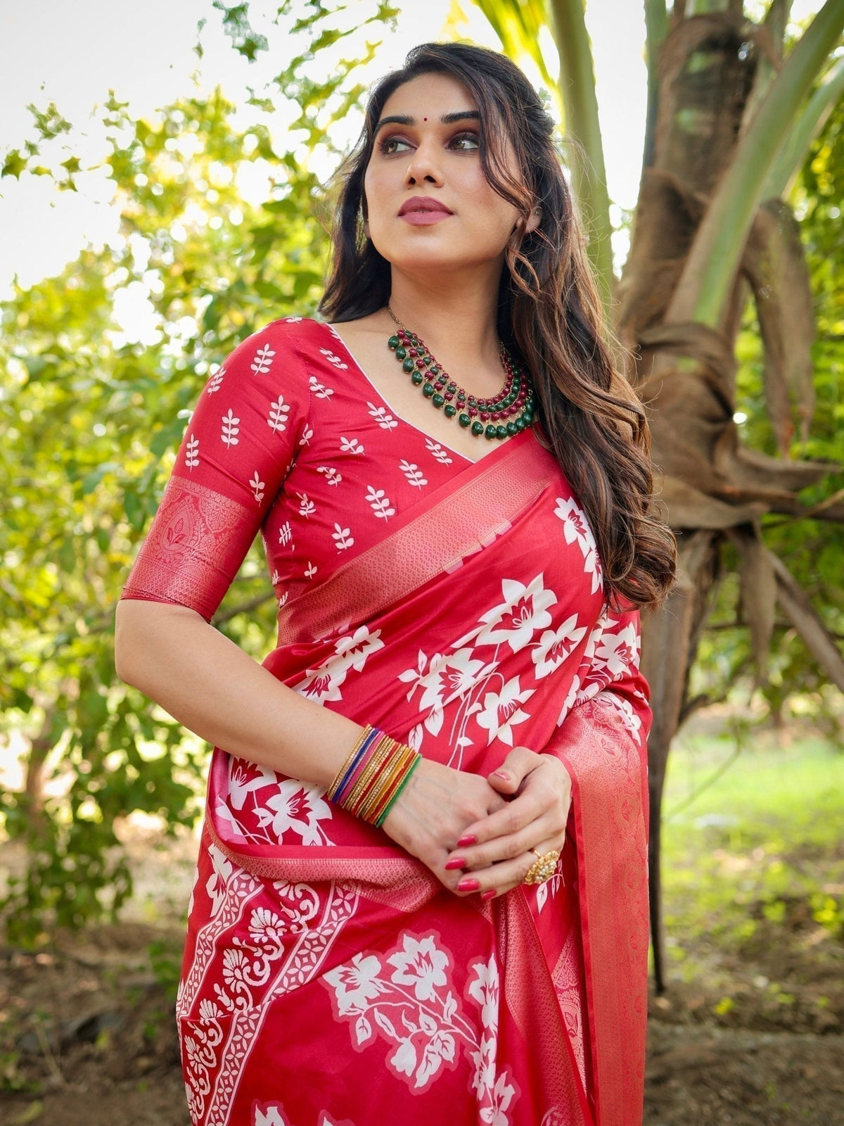 Graceful Red Tussar Silk Saree with White Floral Design and Zari