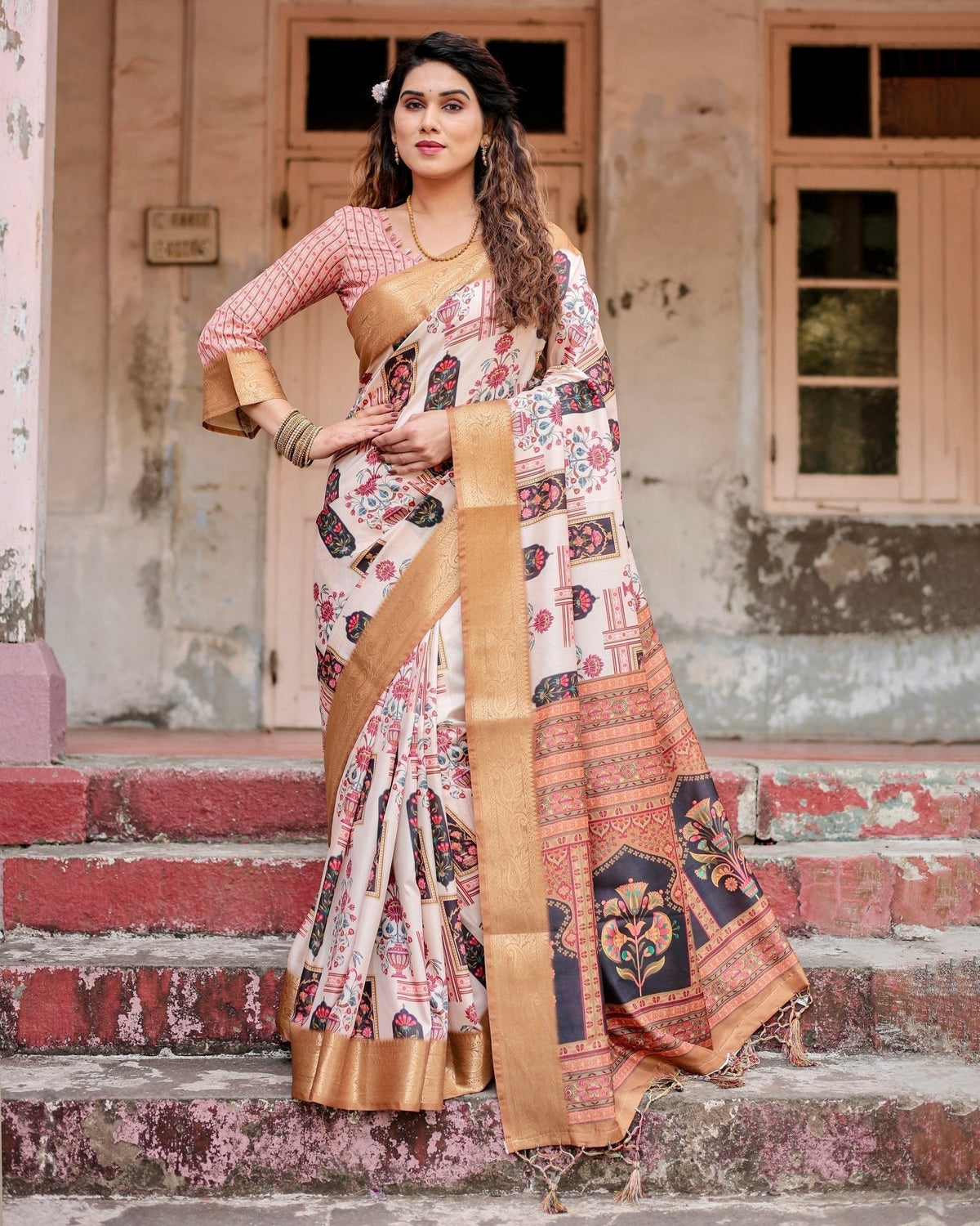 Ivory Tussar Silk Saree with Artistic Floral Motifs and Gleaming