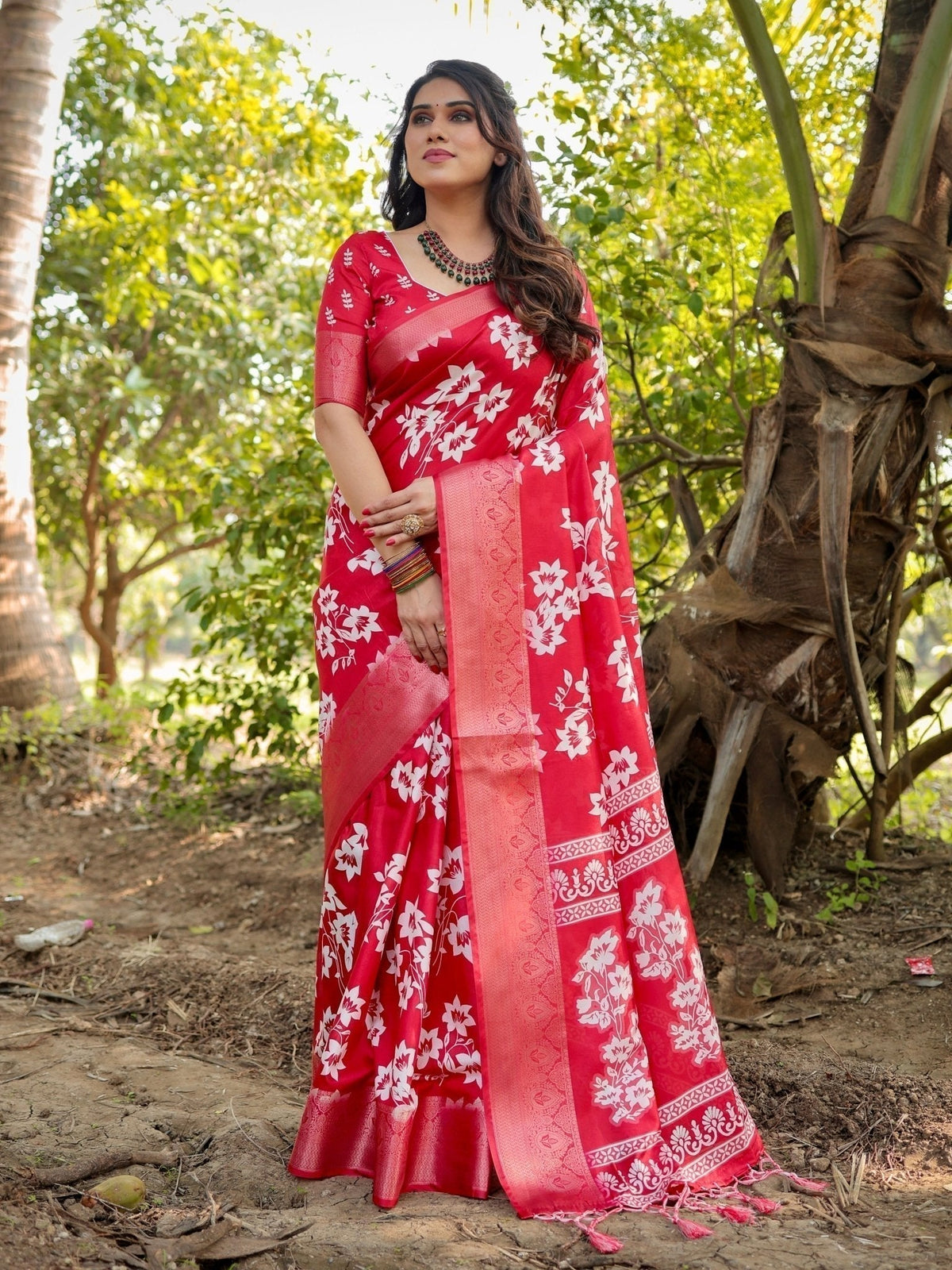 Graceful Red Tussar Silk Saree with White Floral Design and Zari