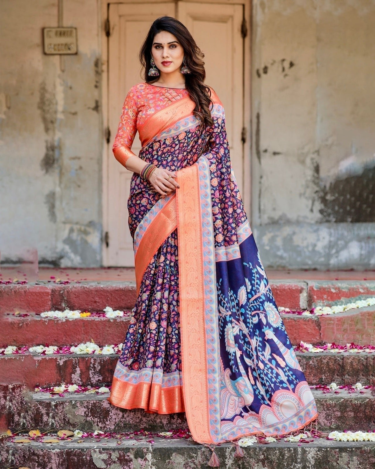 Navy Blue and Peach Tussar Silk Saree with Peacock Motifs and Floral