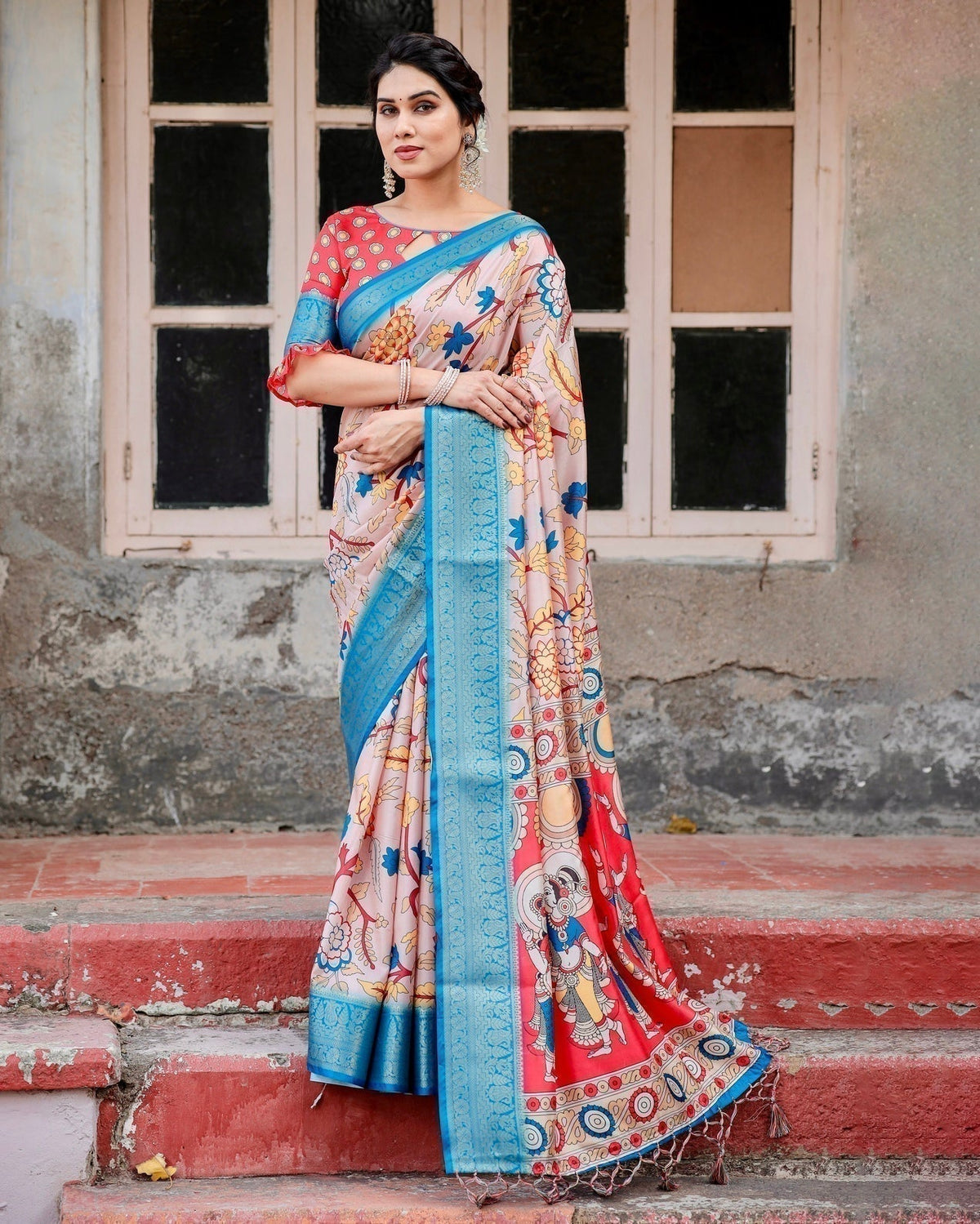 Beige and Red Tussar Silk Saree with Divine Motifs and Floral Zari