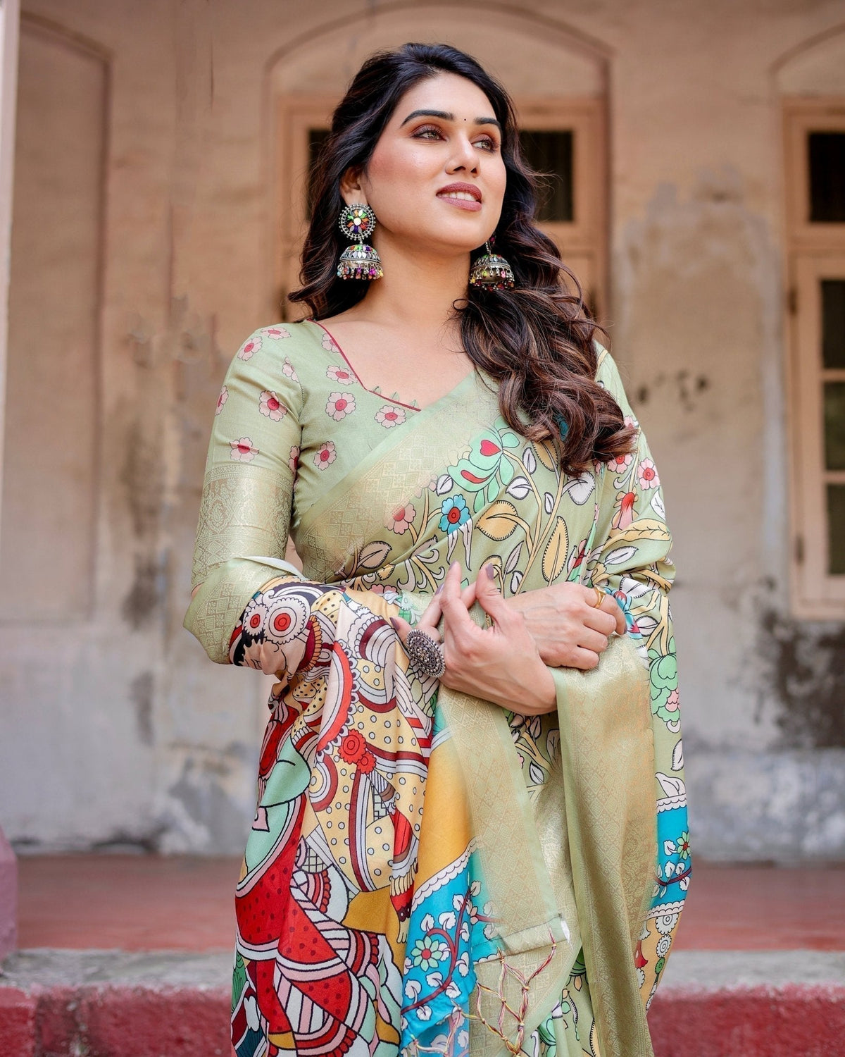 Pastel Green Tussar Silk Saree with Mythological Kalamkari Pallu and