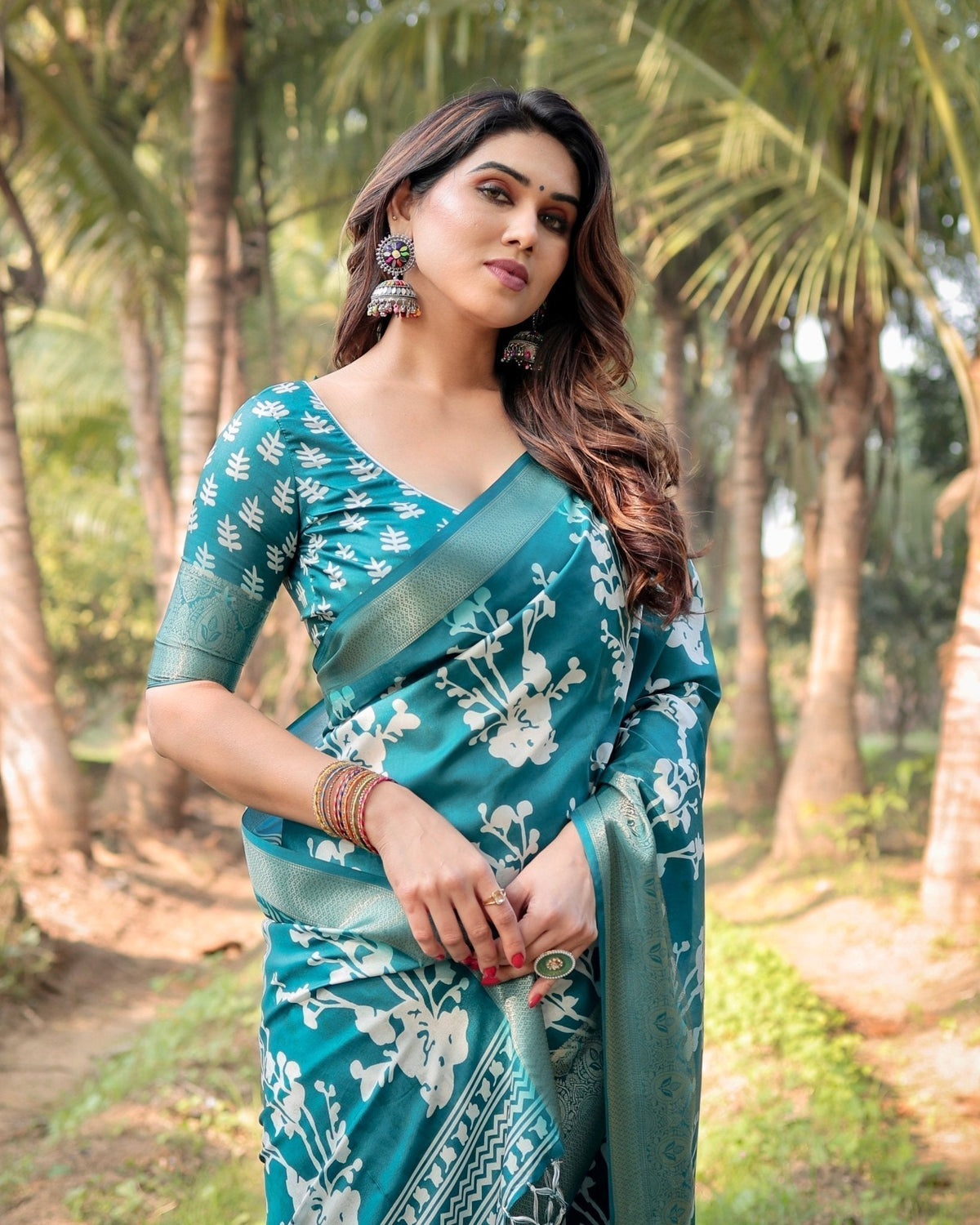 Teal Blue Tussar Silk Saree with White Floral Design, Gold Zari Border