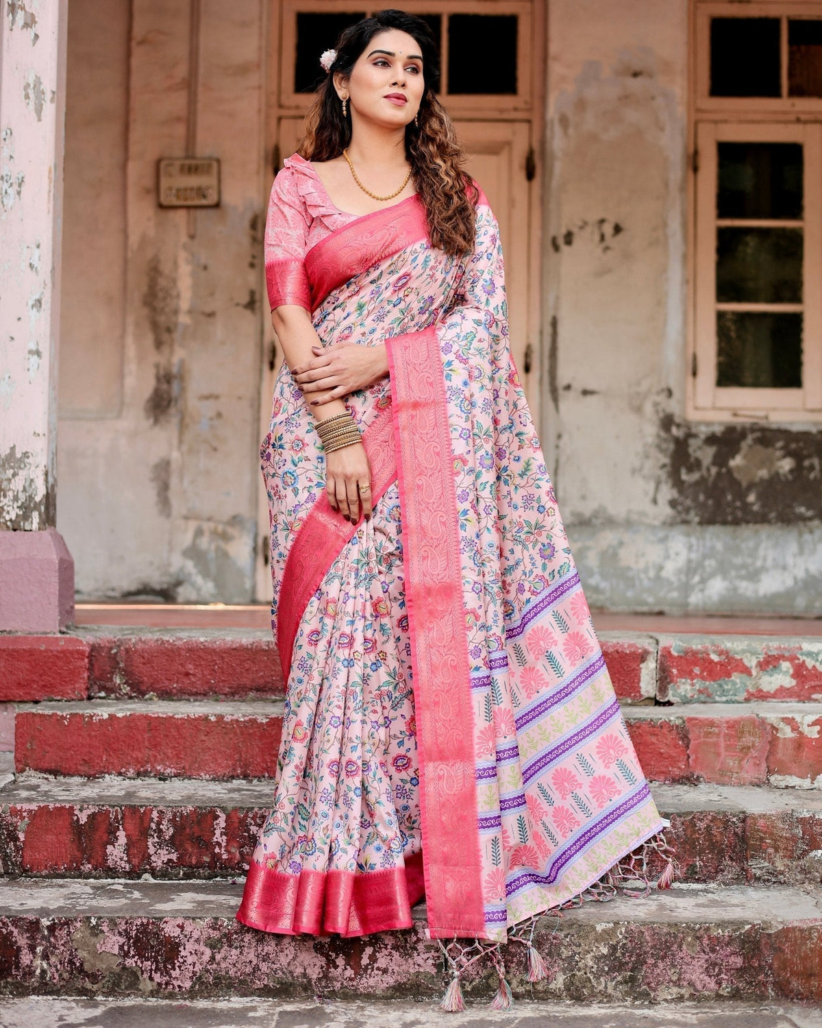 Blush Pink Tussar Silk Saree with Multicolor Floral Design and Zari