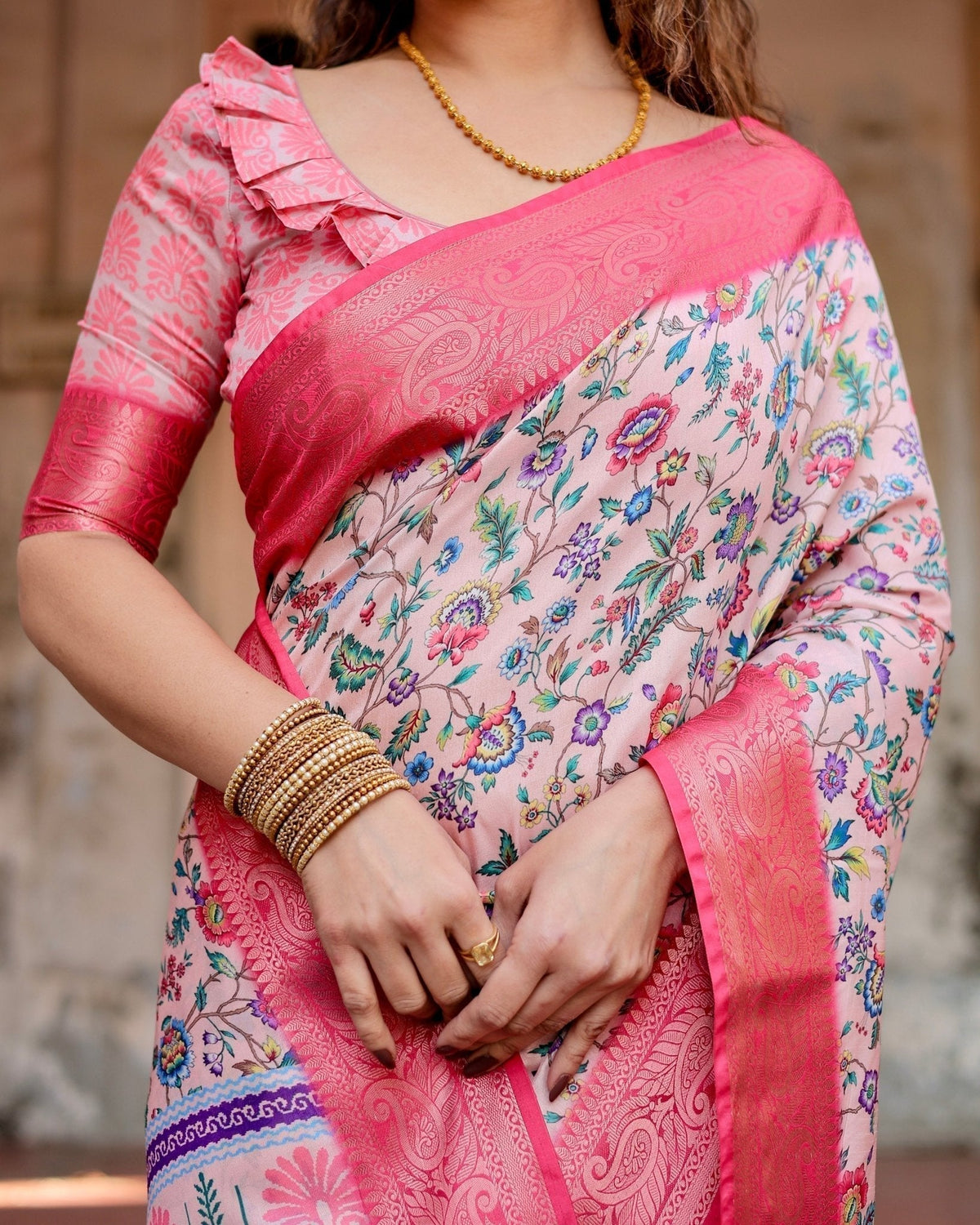 Blush Pink Tussar Silk Saree with Multicolor Floral Design and Zari