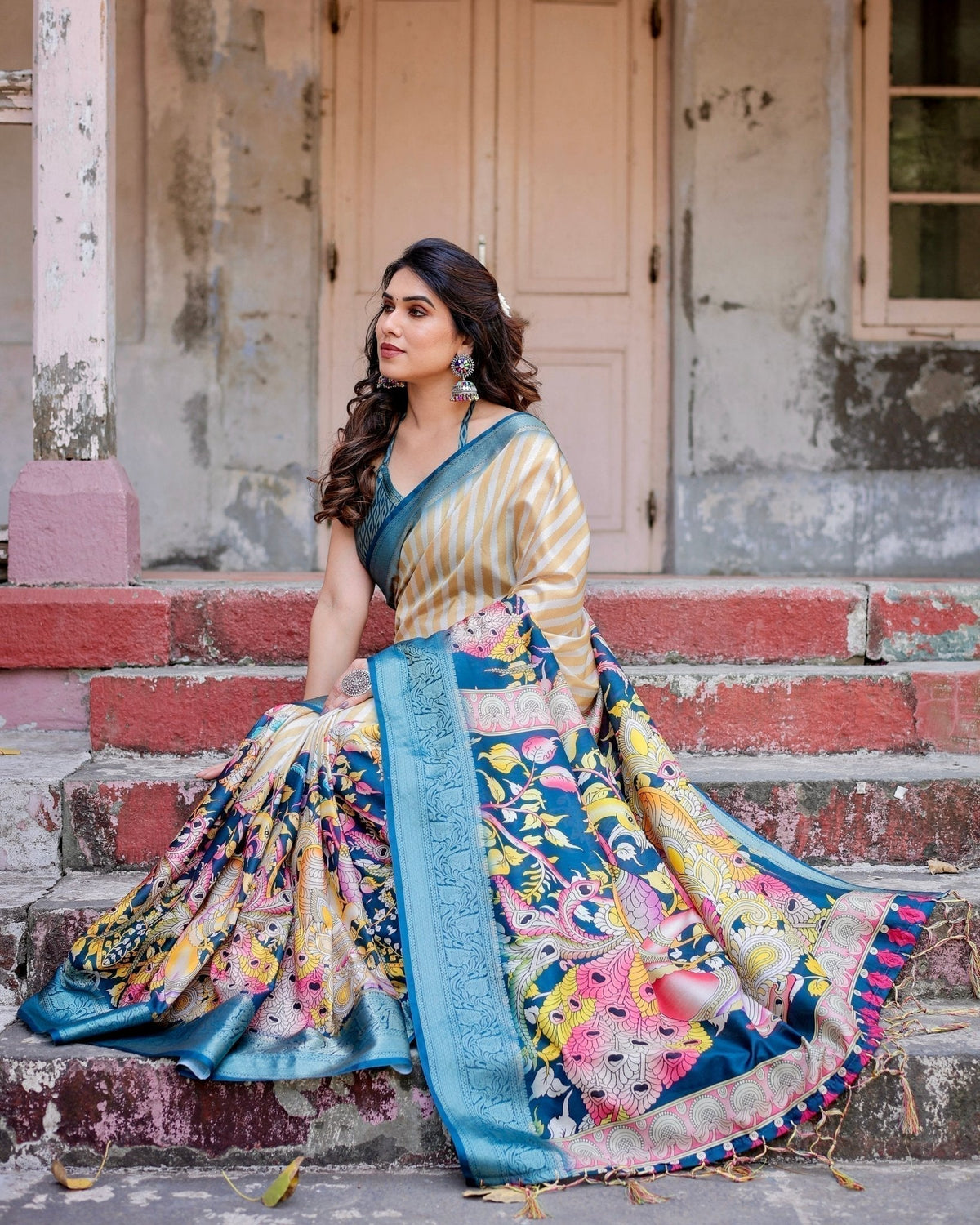 Beige & Teal Tussar Silk Saree with Intricate Kalamkari and Zari