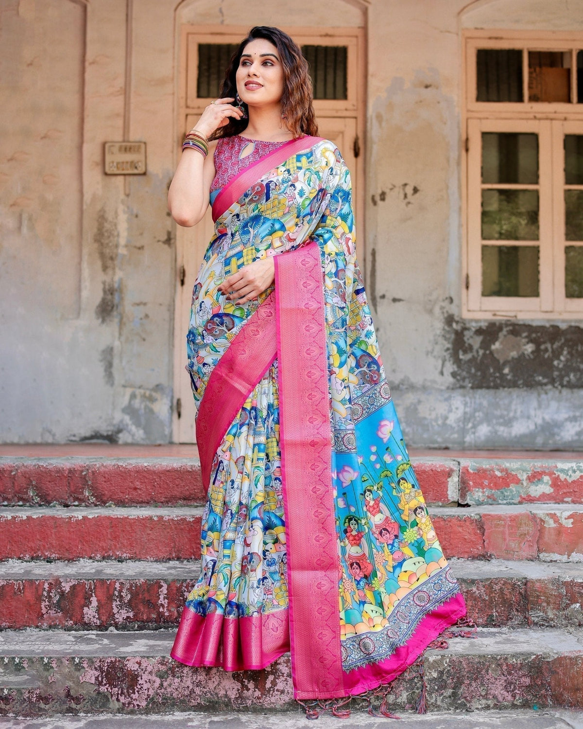 Vibrant Multicolor Digital Printed Tussar Silk Saree with Pink Zari