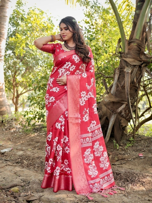 Graceful Red Tussar Silk Saree with White Floral Design and Zari