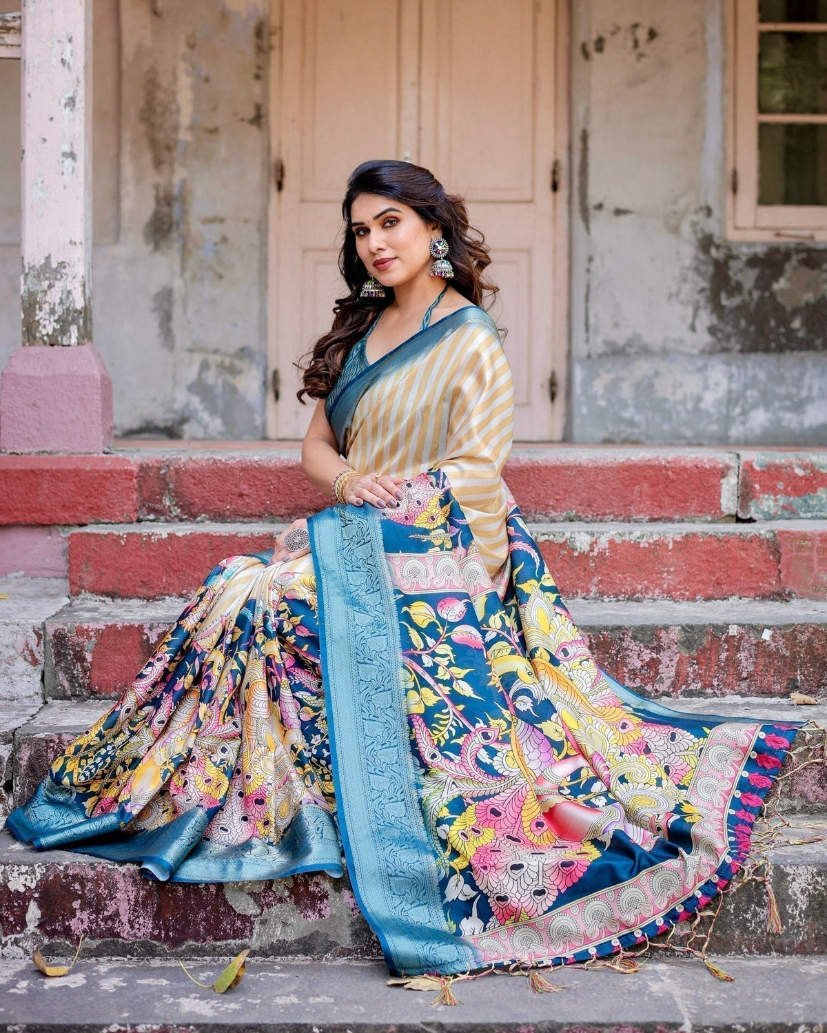 Beige & Teal Tussar Silk Saree with Intricate Kalamkari and Zari