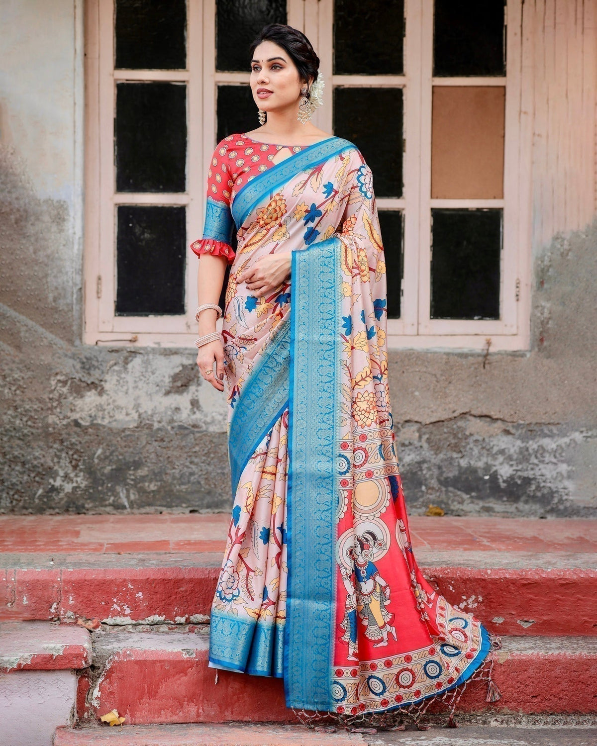 Beige and Red Tussar Silk Saree with Divine Motifs and Floral Zari