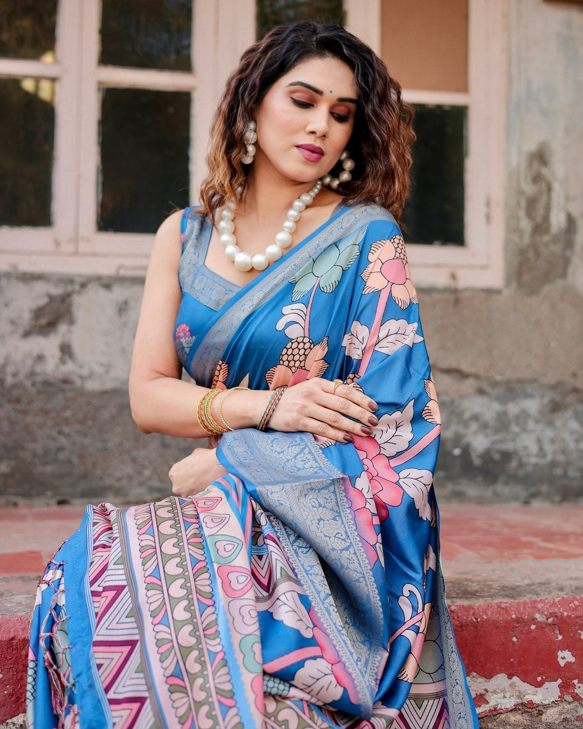 Sky Blue Tussar Silk Saree with Bold Floral Motifs and Chevron Pallu