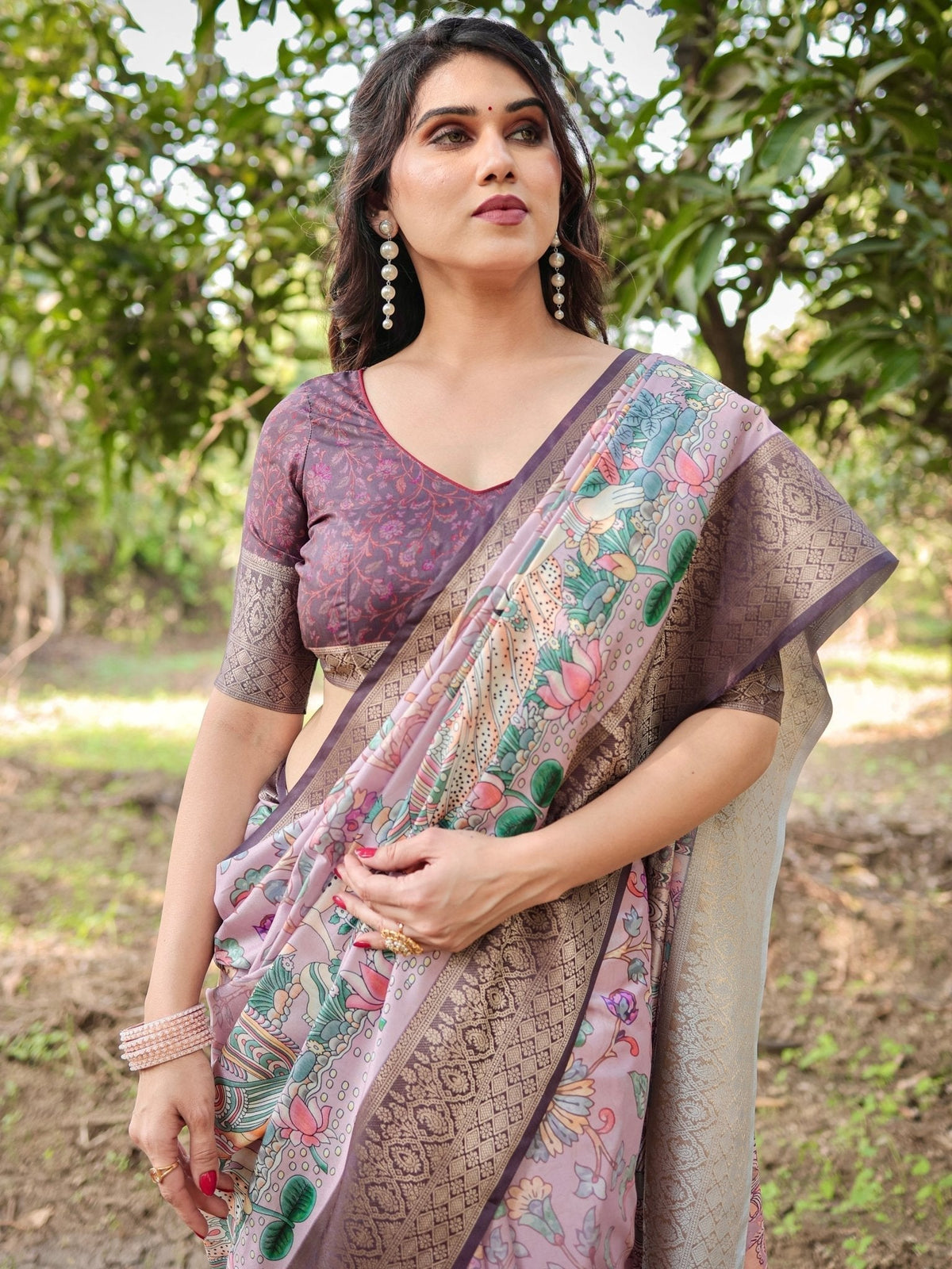 Lilac and Purple Digital Print Tussar Silk Saree with Zari Diamond