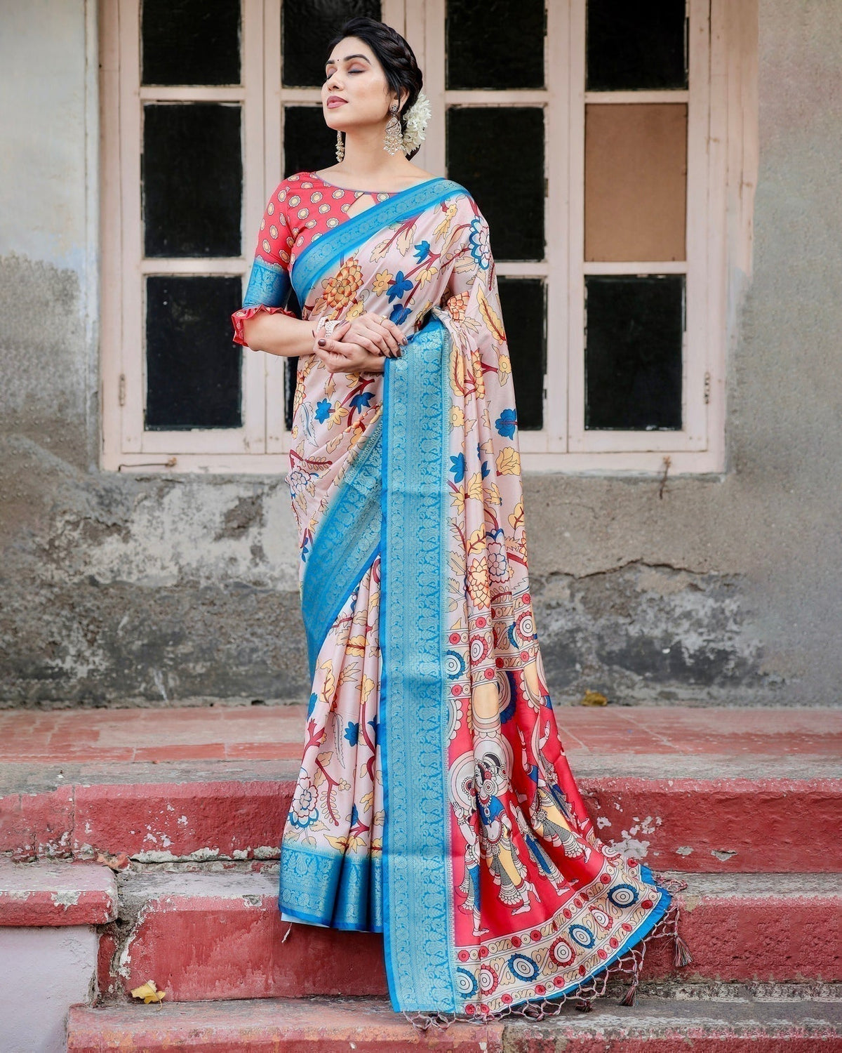 Beige and Red Tussar Silk Saree with Divine Motifs and Floral Zari