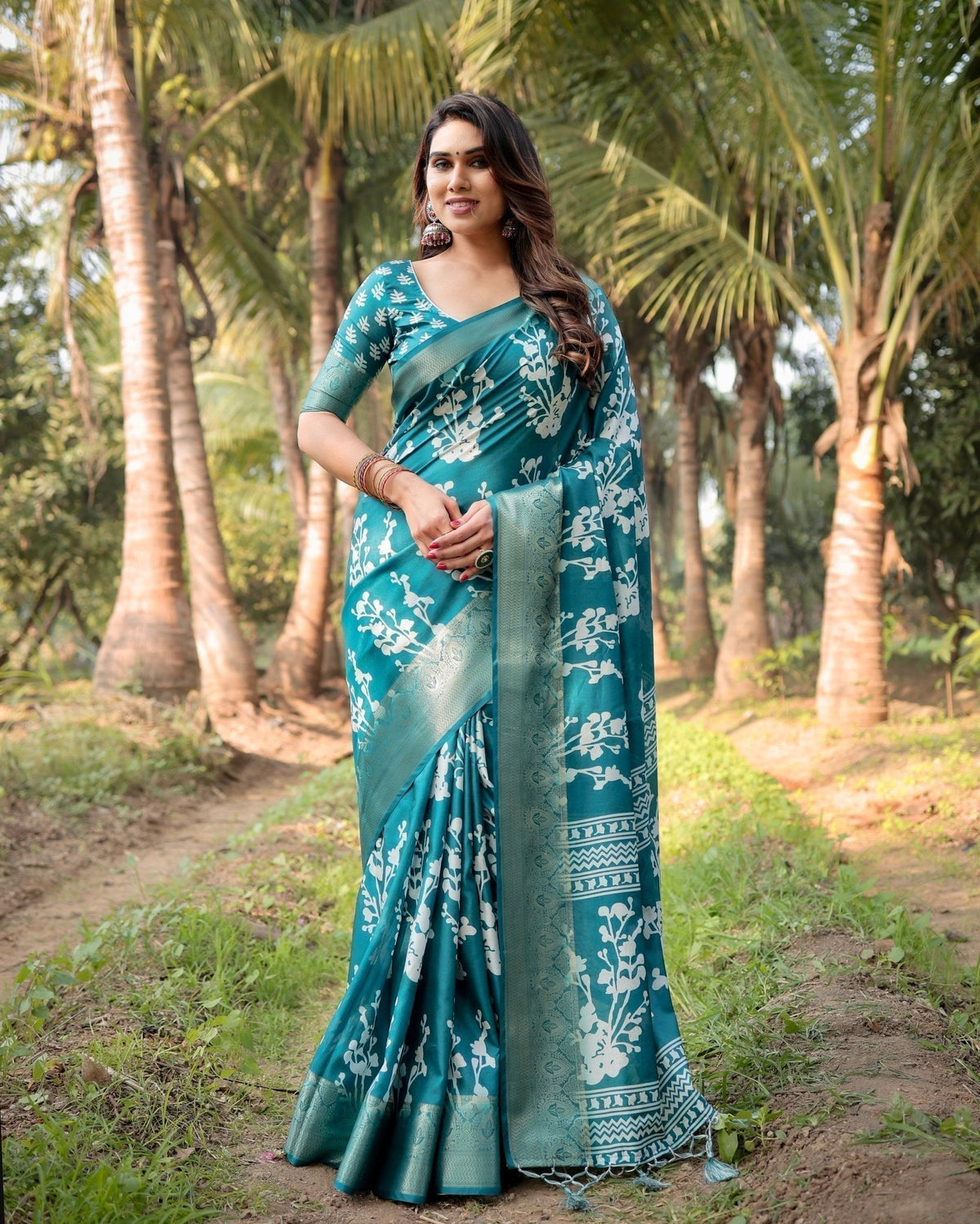 Teal Blue Tussar Silk Saree with White Floral Design, Gold Zari Border