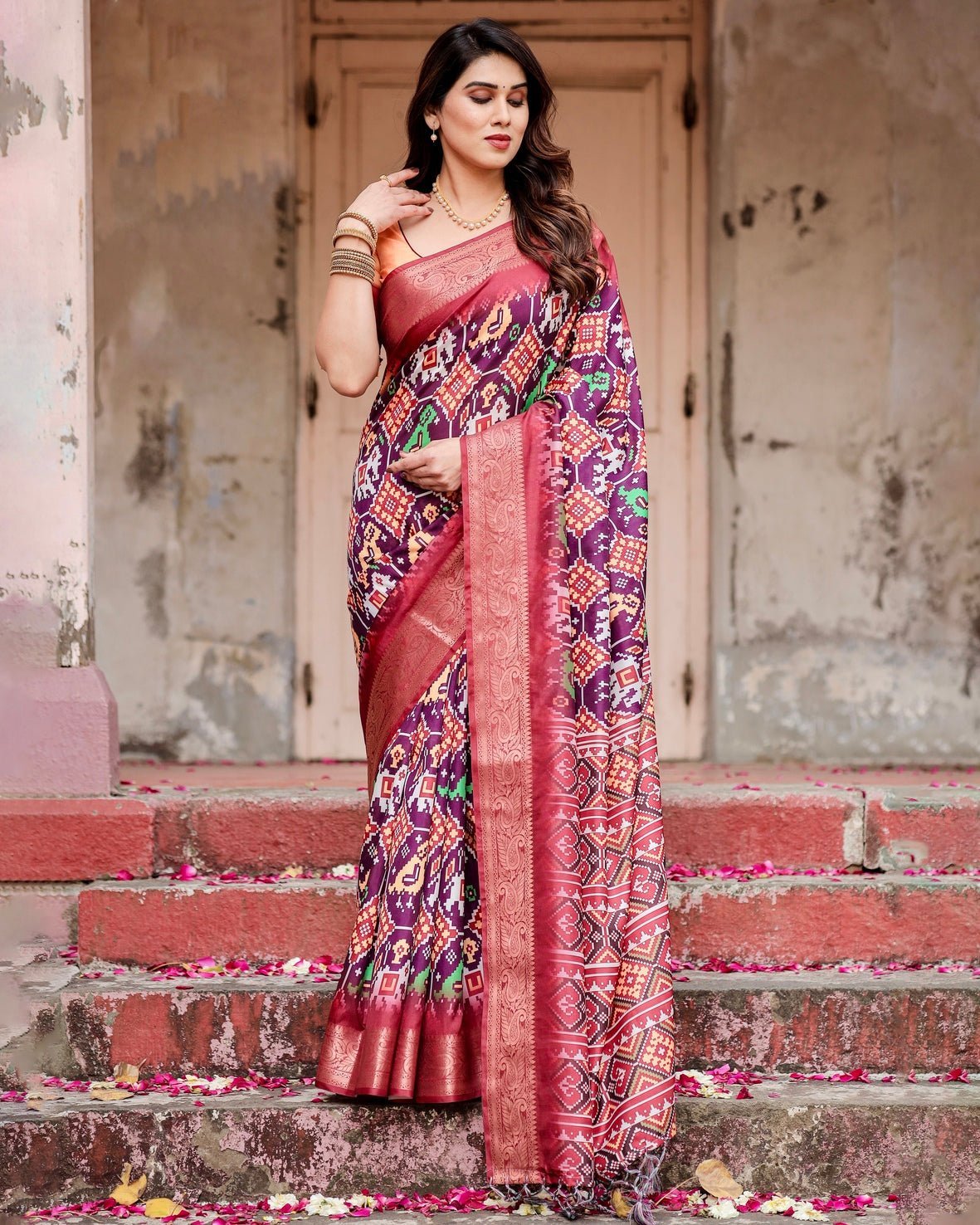Wine Purple Tussar Silk Saree with Ikat-Inspired Patterns and Rich