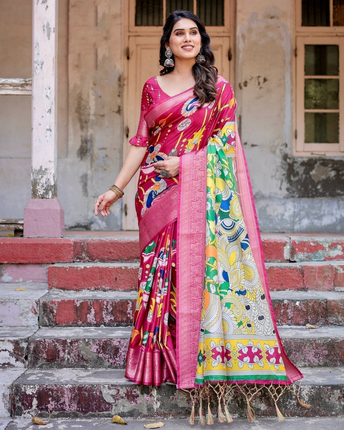 Magenta Tussar Silk Saree with Artistic Peacock & Floral Kalamkari