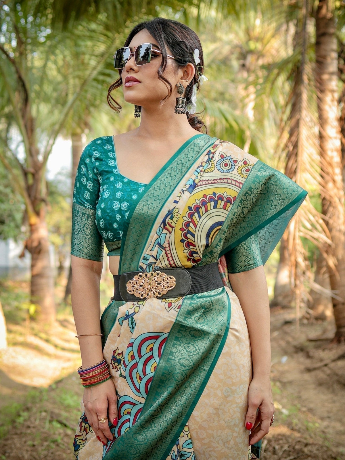 Elegant Tussar Silk Saree in Beige and Coral with Madhubani Pallu and