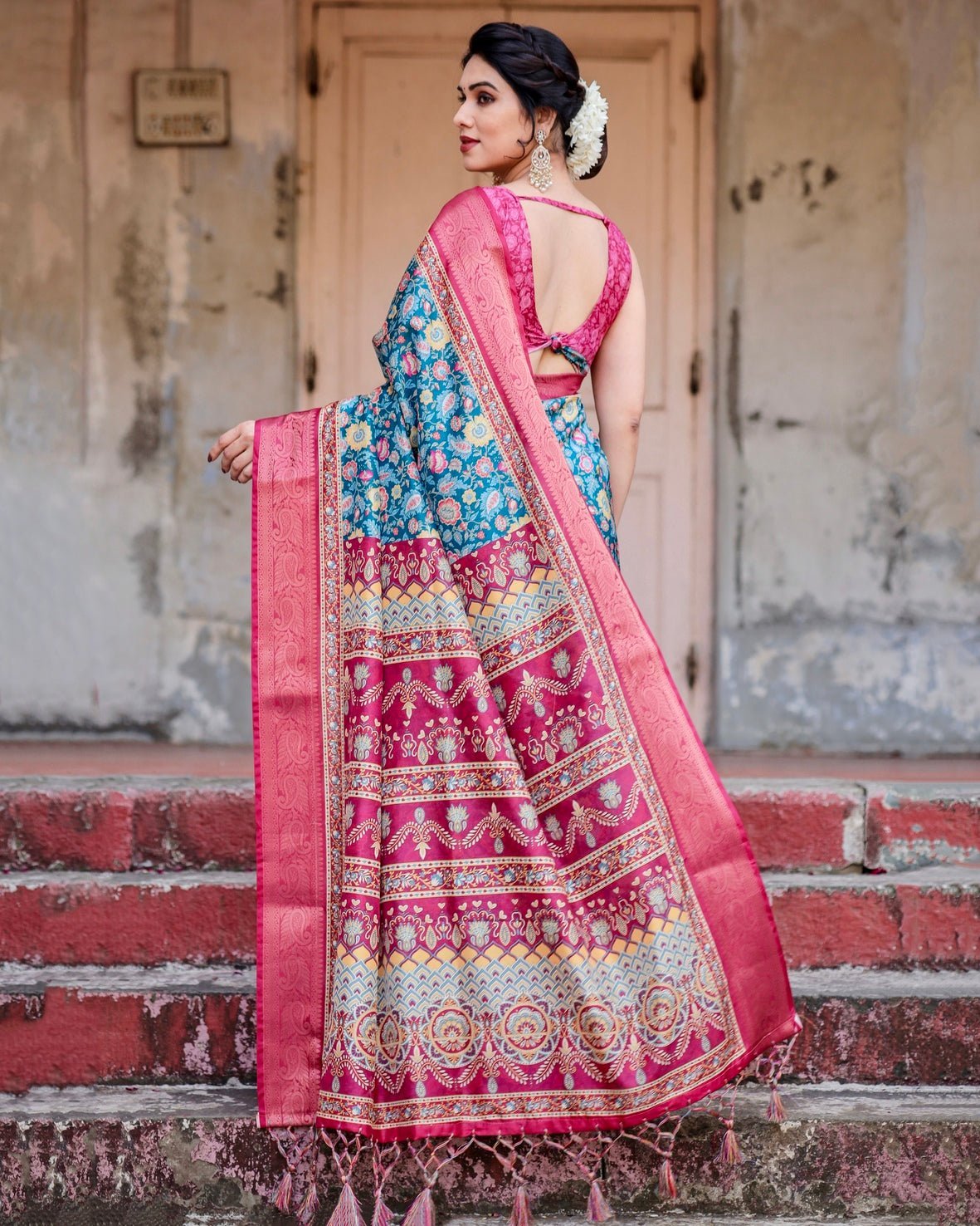 Teal Blue and Coral Tussar Silk Saree with Vibrant Floral Motifs and