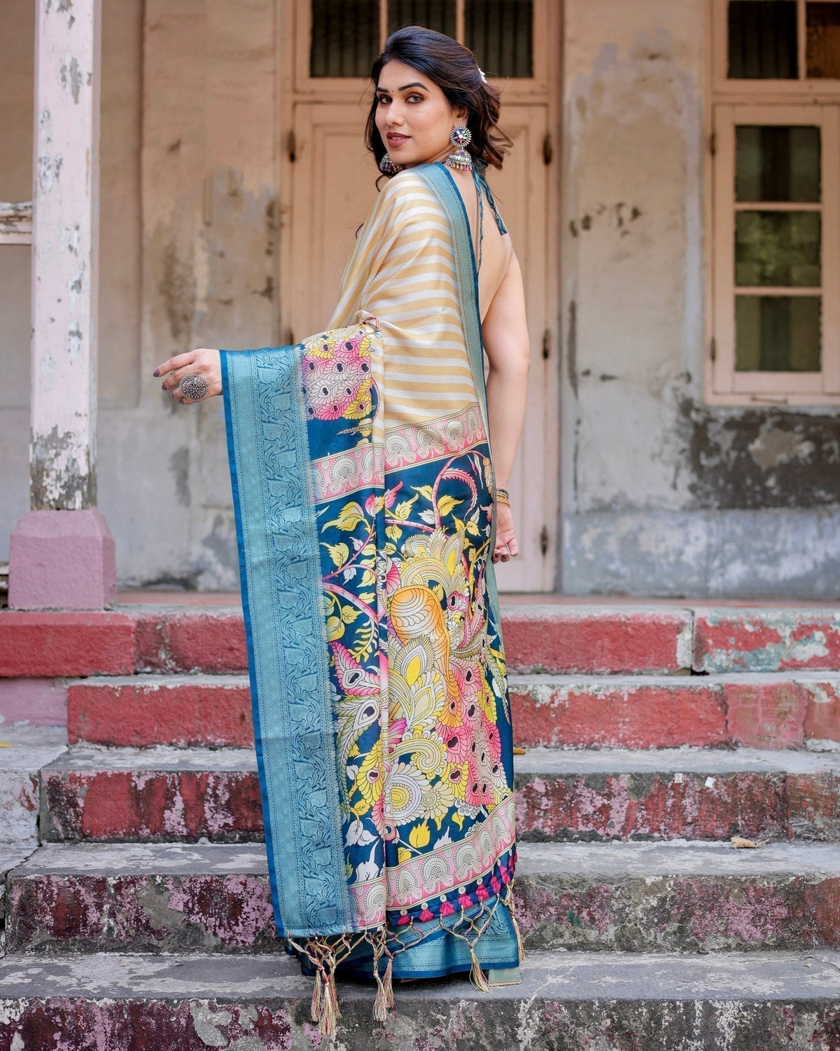 Beige & Teal Tussar Silk Saree with Intricate Kalamkari and Zari
