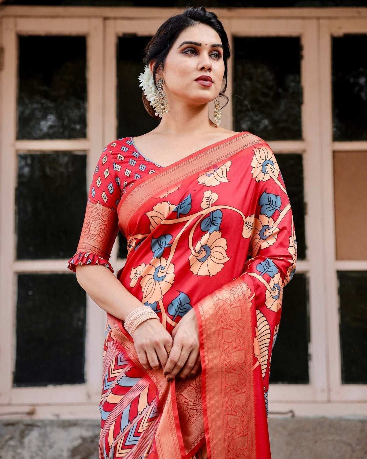 Vibrant Red Tussar Silk Saree with Bold Floral Motifs and Chevron