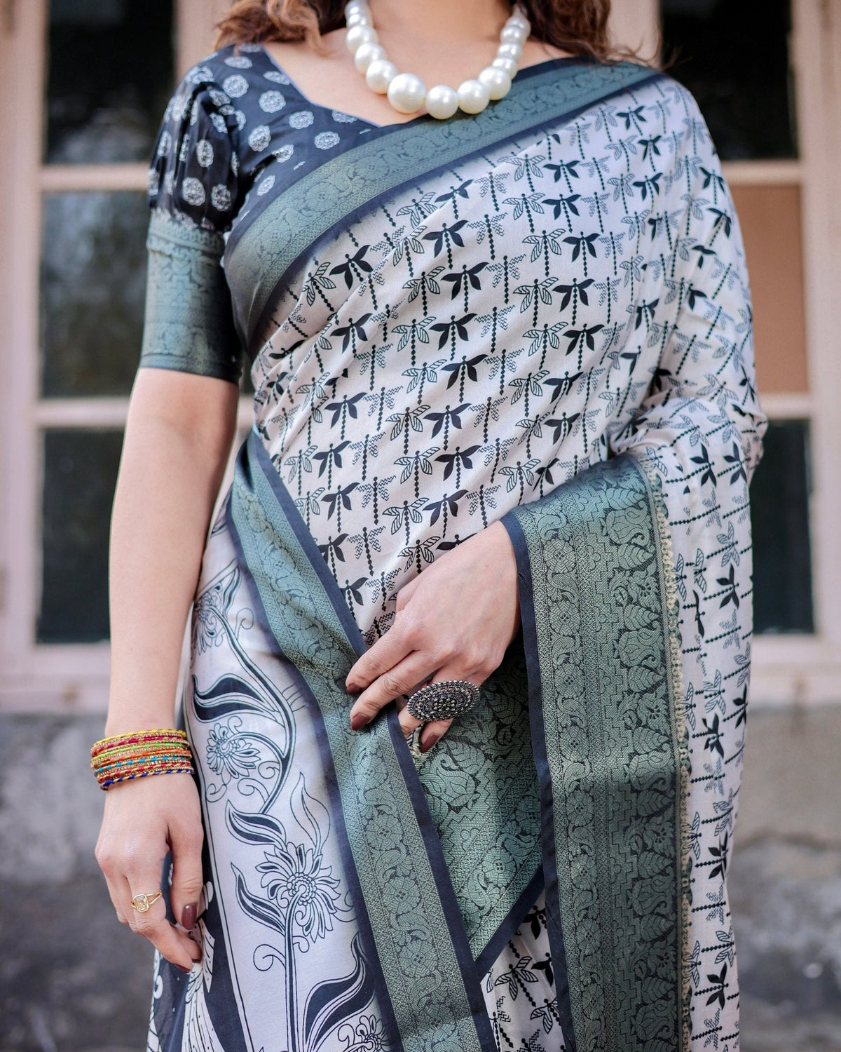 Monochrome White and Black Tussar Silk Saree with Tribal Art Motifs