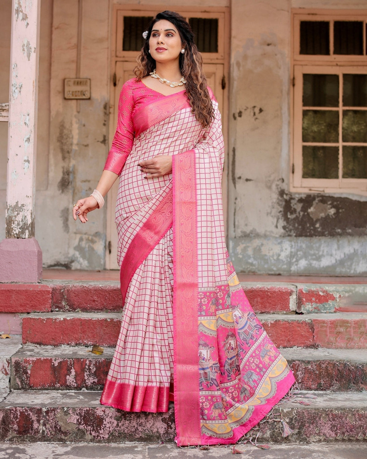 Pink and Ivory Tussar Silk Saree with Golden Zari Border and Majestic