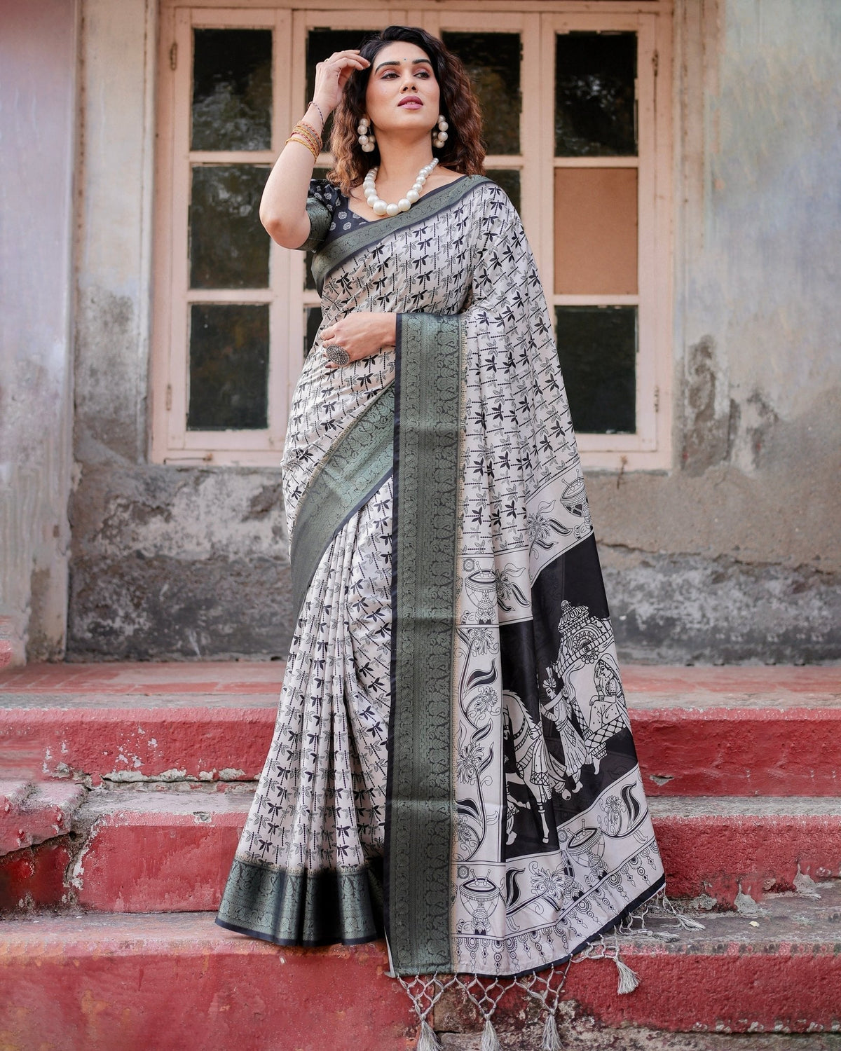 Monochrome White and Black Tussar Silk Saree with Tribal Art Motifs