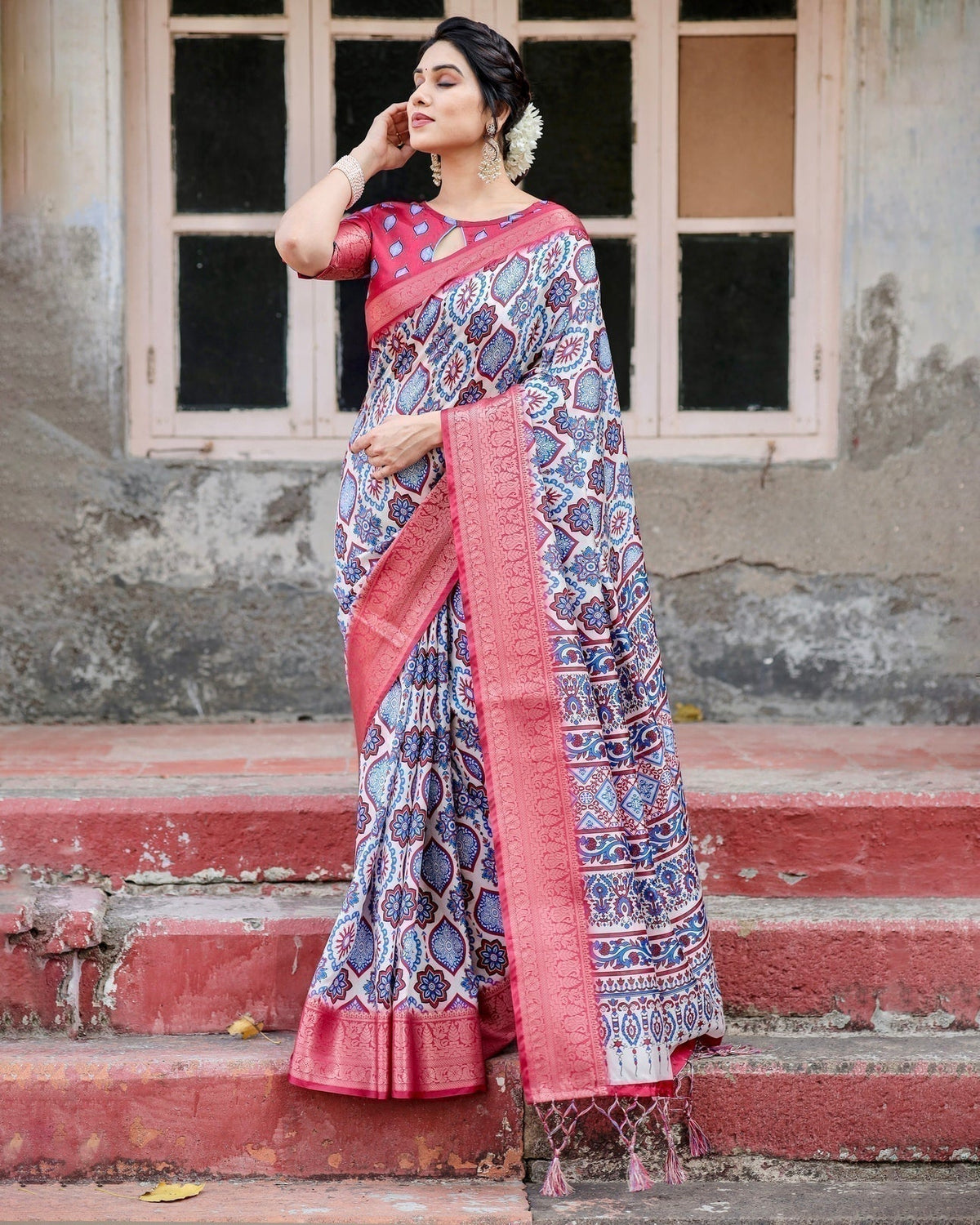 White and Red Tussar Silk Saree with Vibrant Floral Geometric Motifs