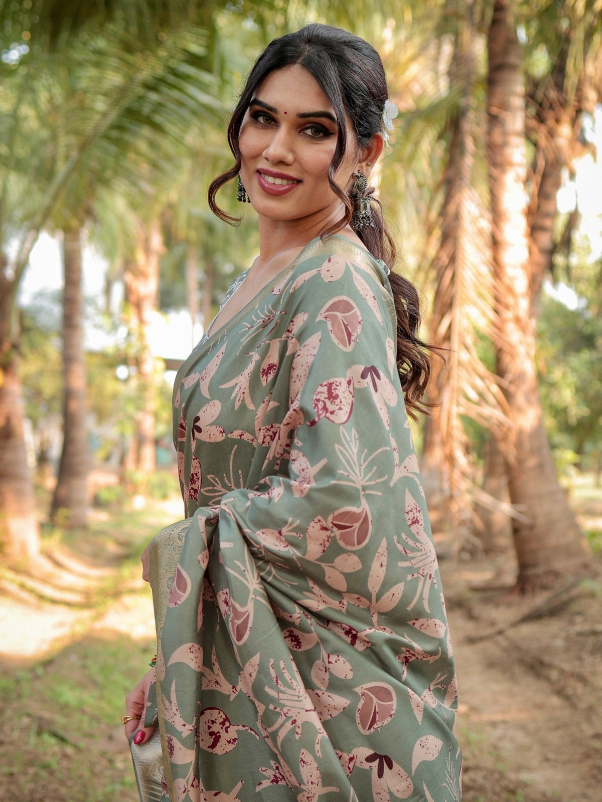 Graceful Olive Green Tussar Silk Saree with Intricate Beige and Maroon