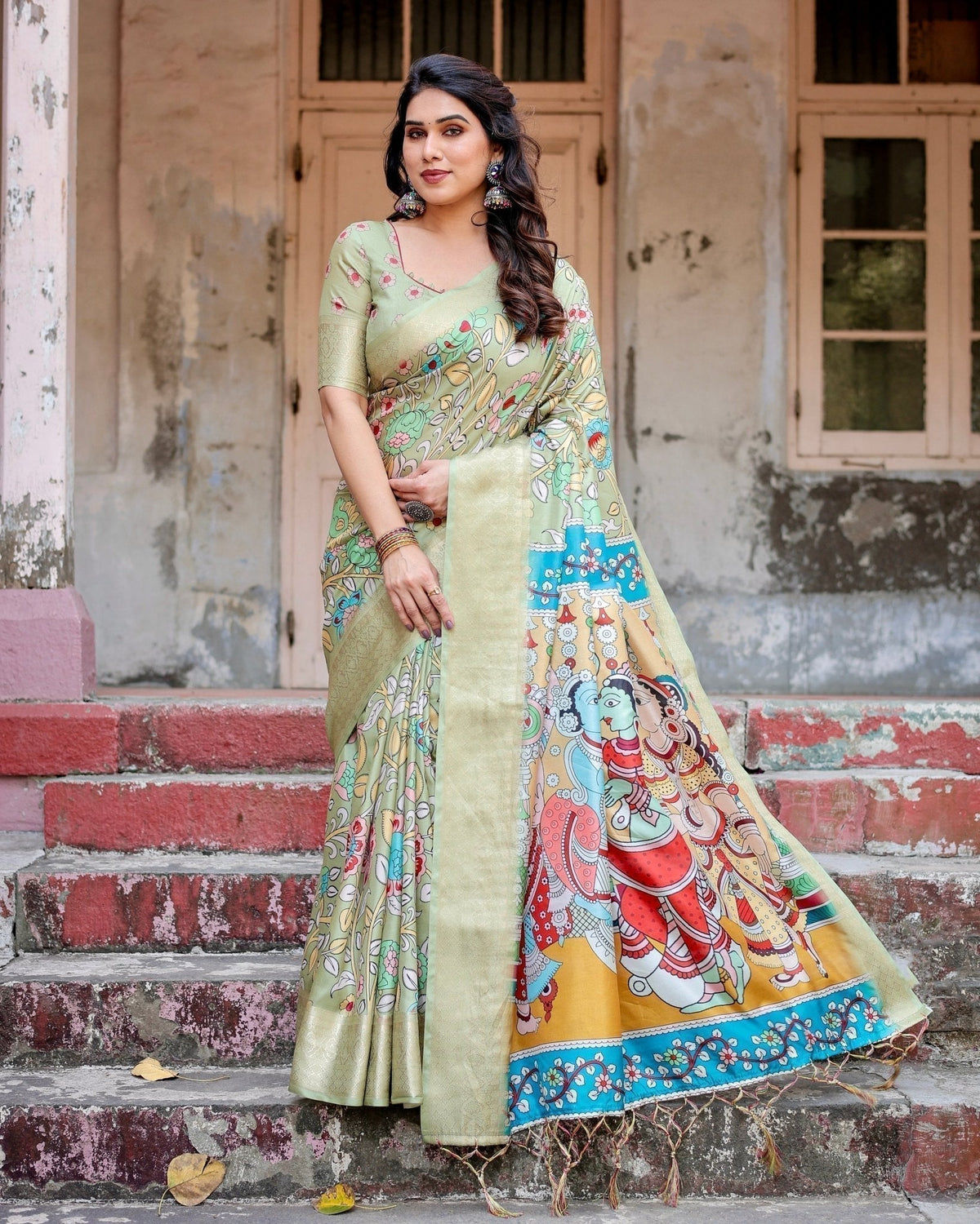 Pastel Green Tussar Silk Saree with Mythological Kalamkari Pallu and