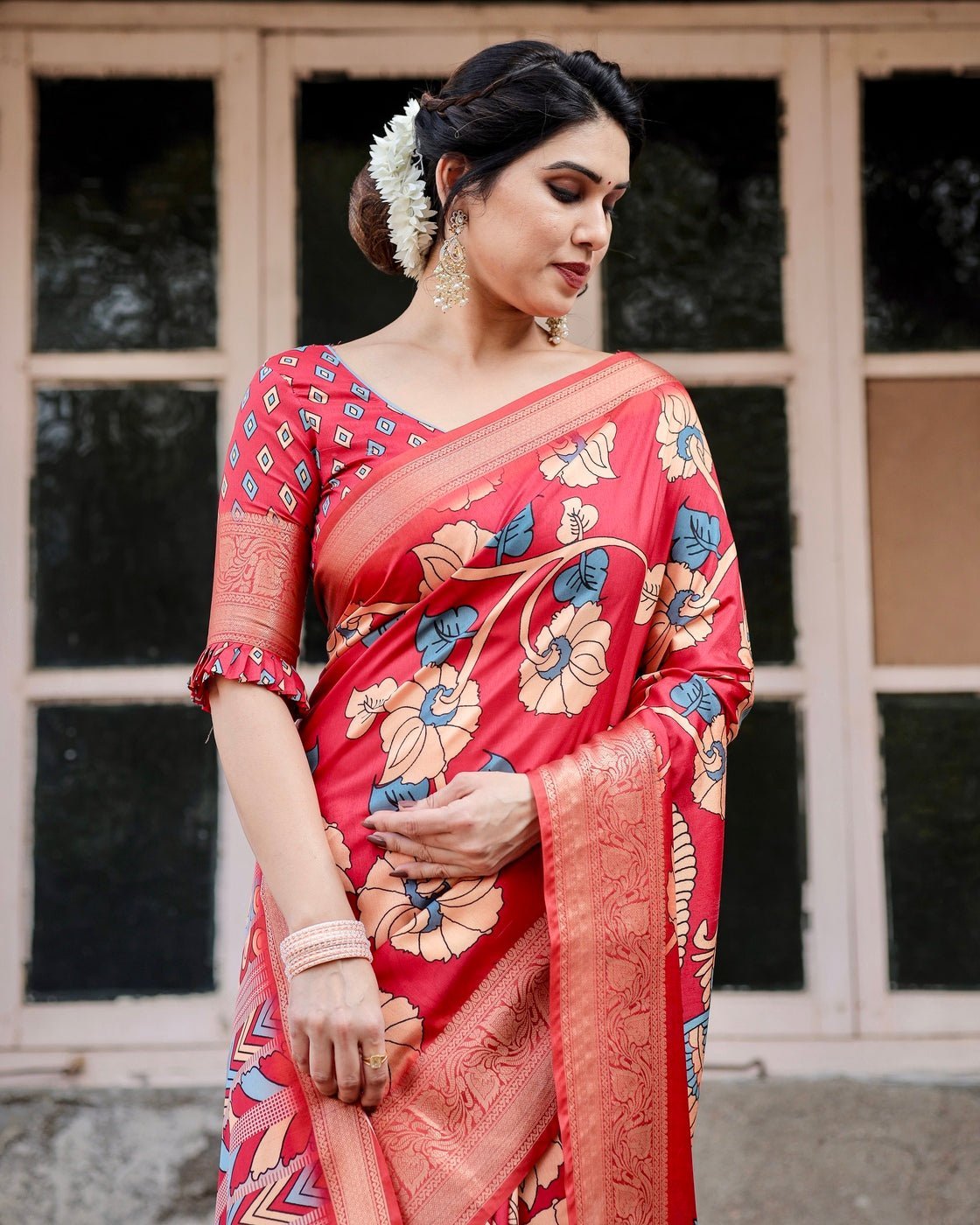 Vibrant Red Tussar Silk Saree with Bold Floral Motifs and Chevron