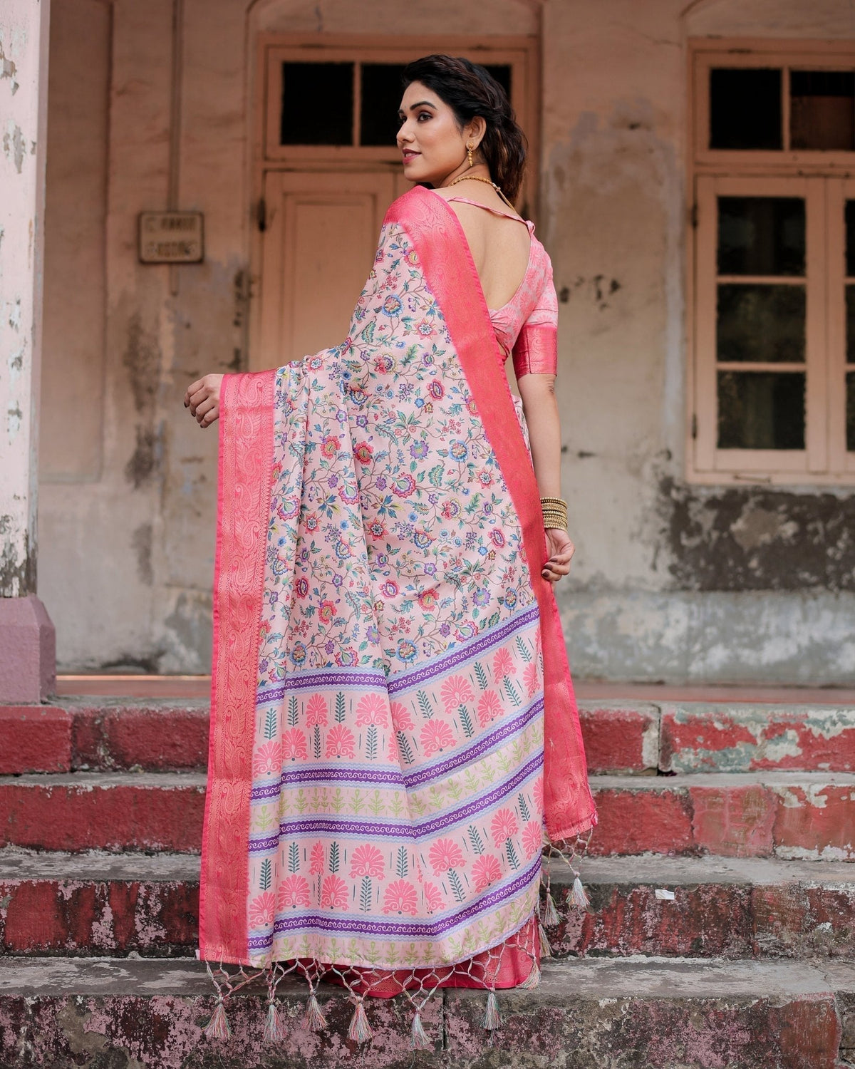 Blush Pink Tussar Silk Saree with Multicolor Floral Design and Zari