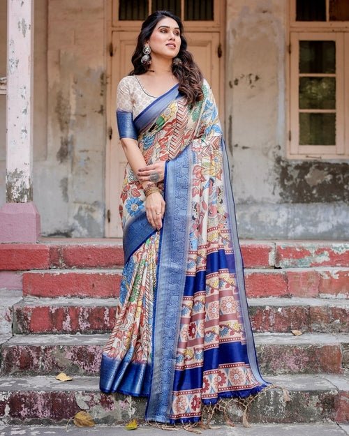Multicolor Tussar Silk Saree with Artistic Floral Motifs and