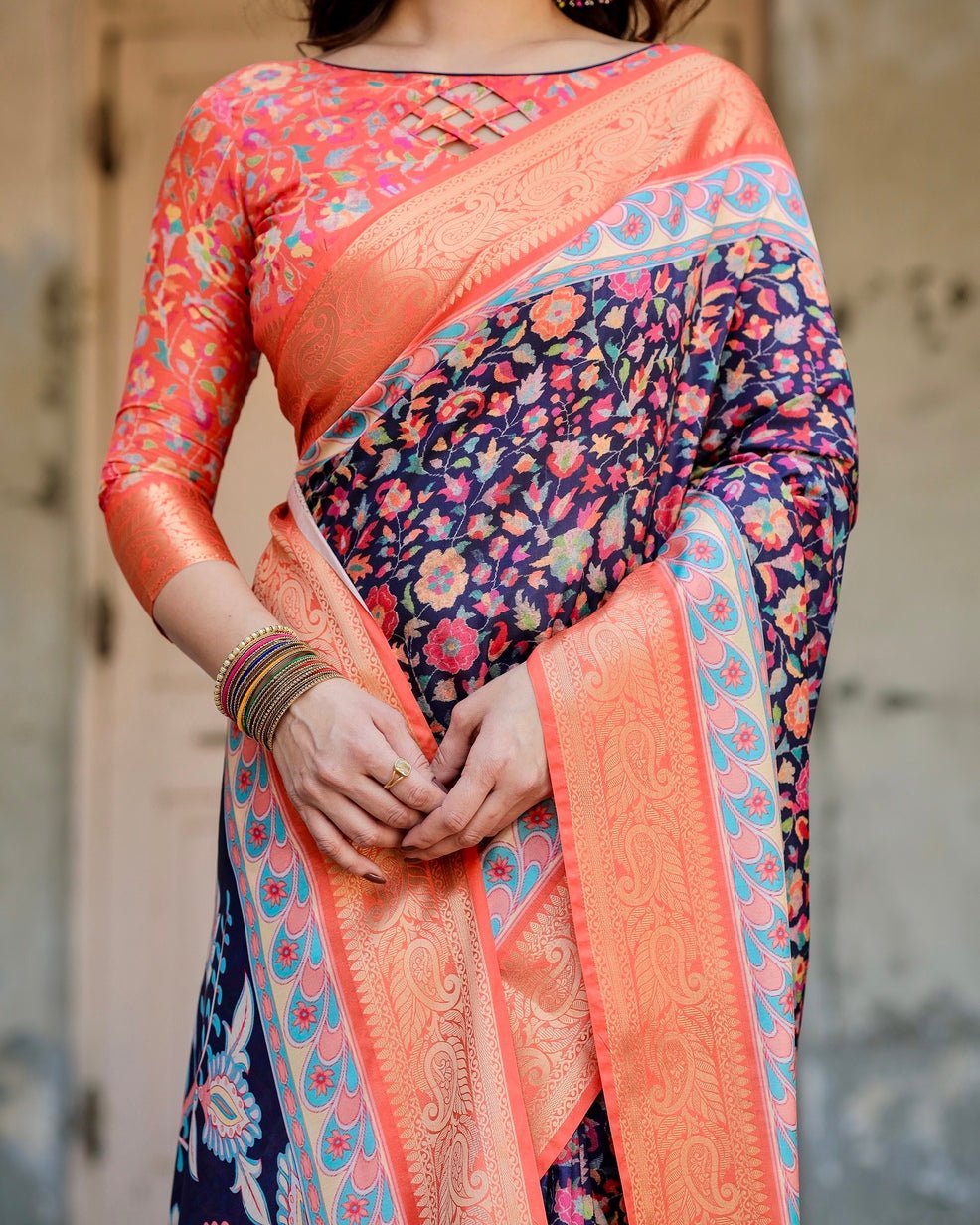 Navy Blue and Peach Tussar Silk Saree with Peacock Motifs and Floral