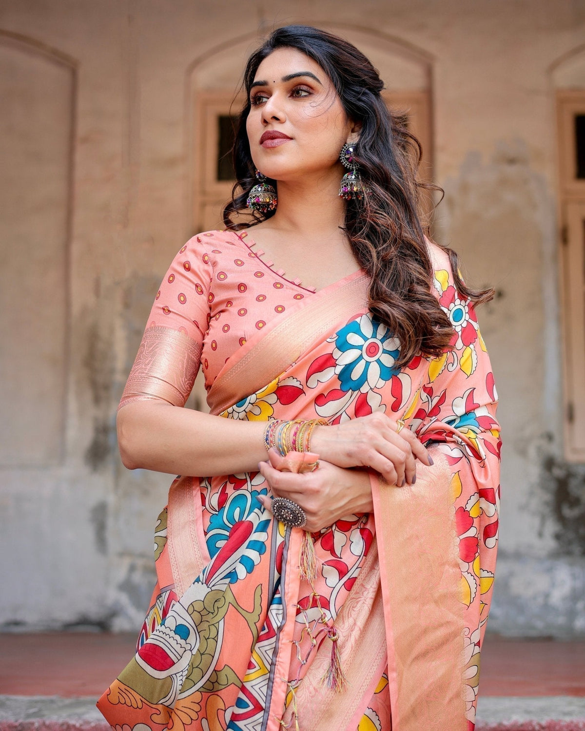 Peach Tussar Silk Saree with Vibrant Floral Kalamkari and Zari
