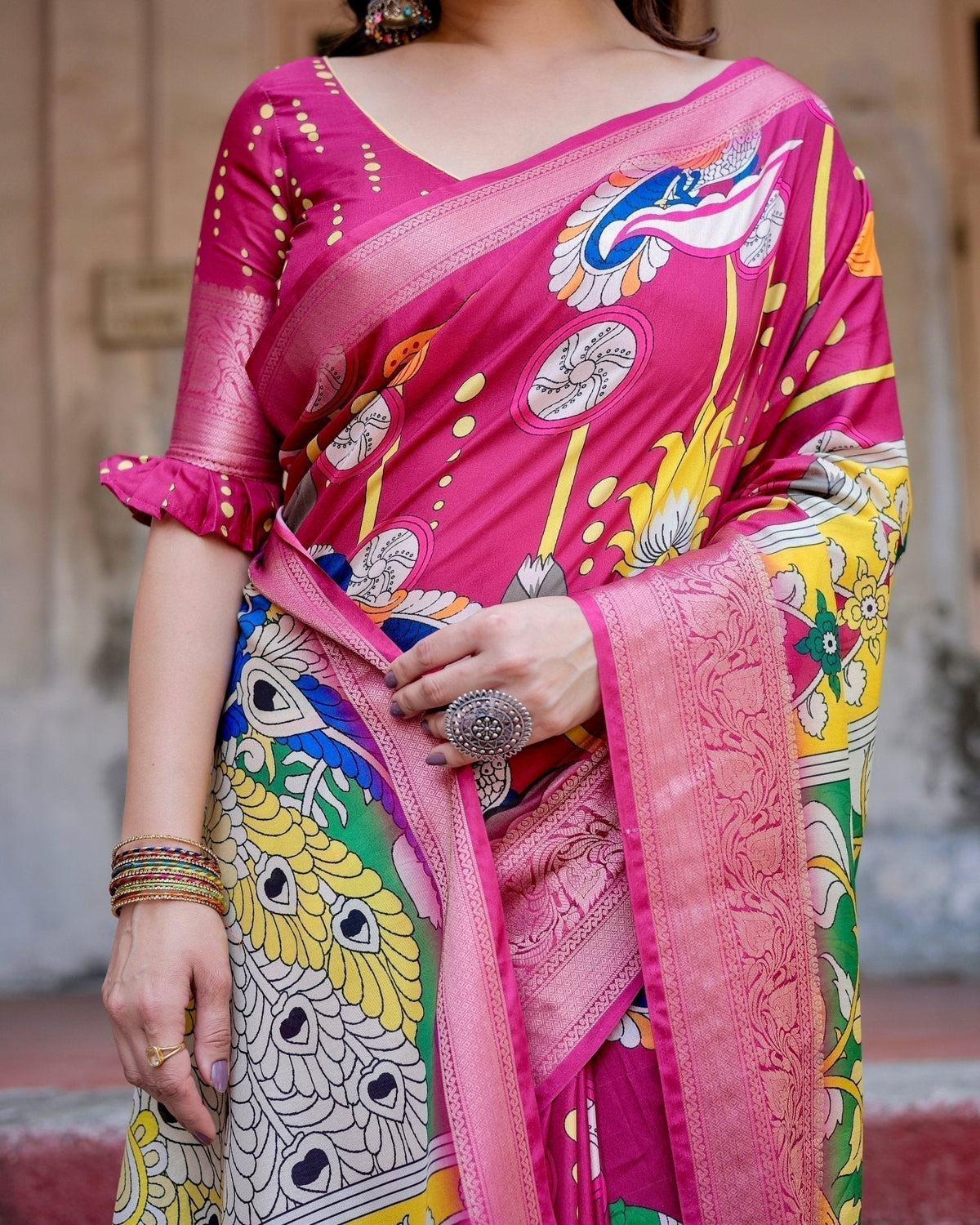 Magenta Tussar Silk Saree with Artistic Peacock & Floral Kalamkari