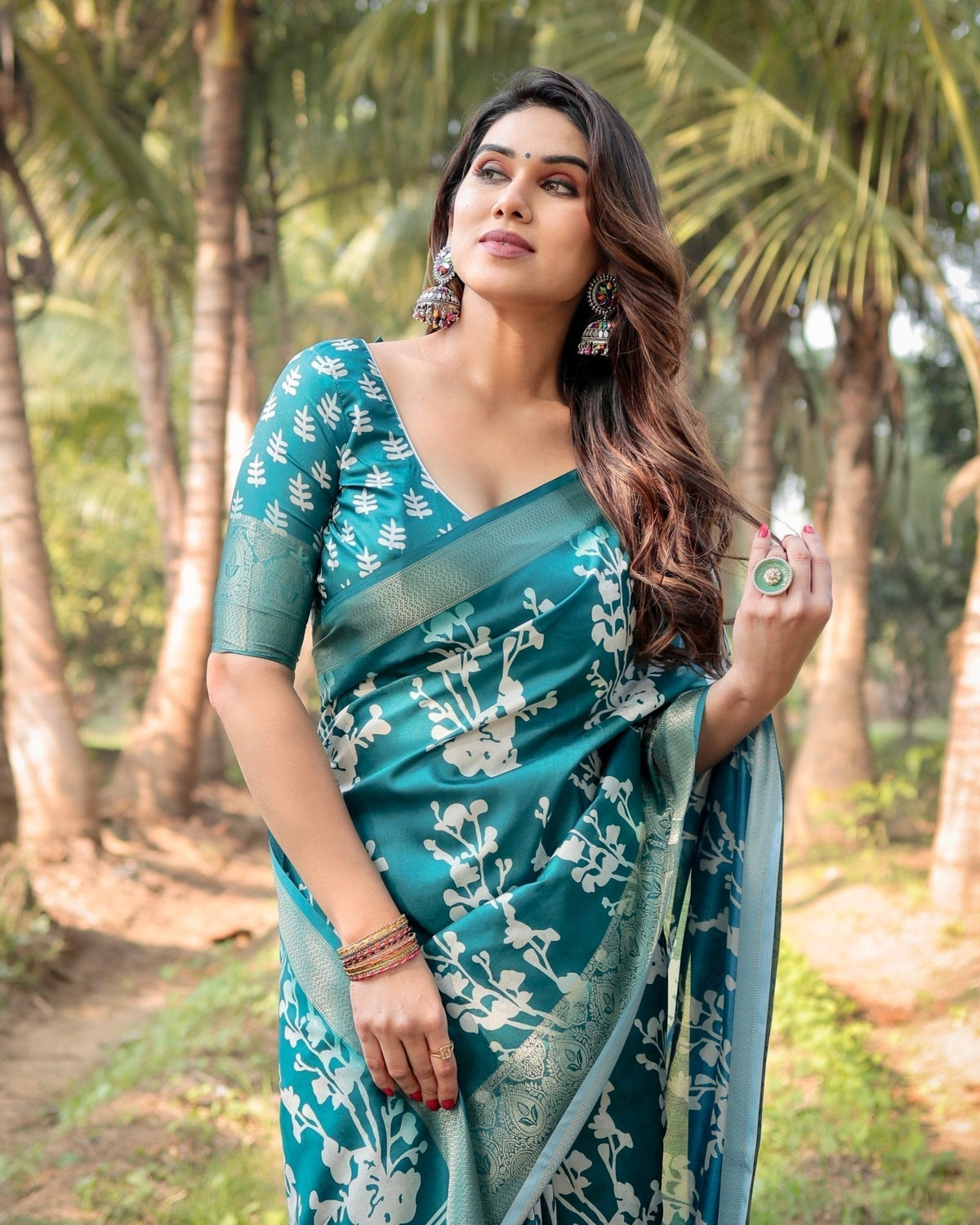 Teal Blue Tussar Silk Saree with White Floral Design, Gold Zari Border