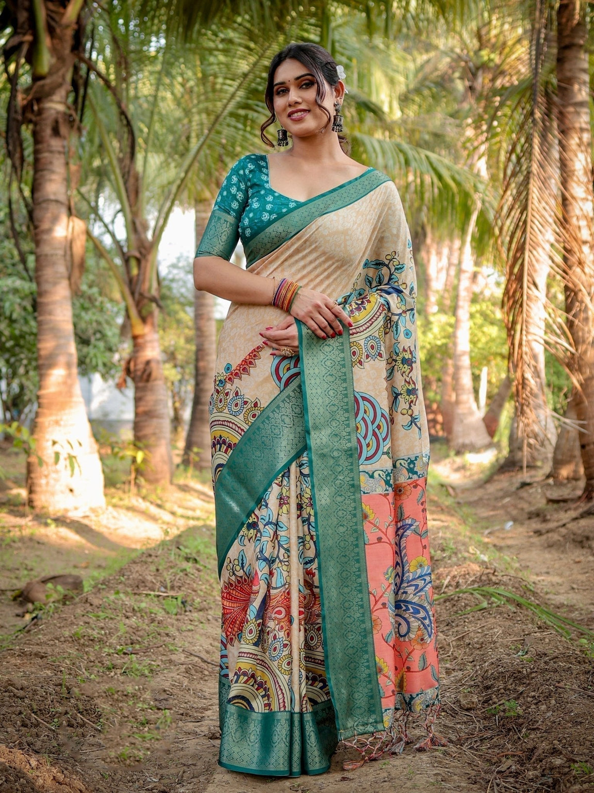 Elegant Tussar Silk Saree in Beige and Coral with Madhubani Pallu and